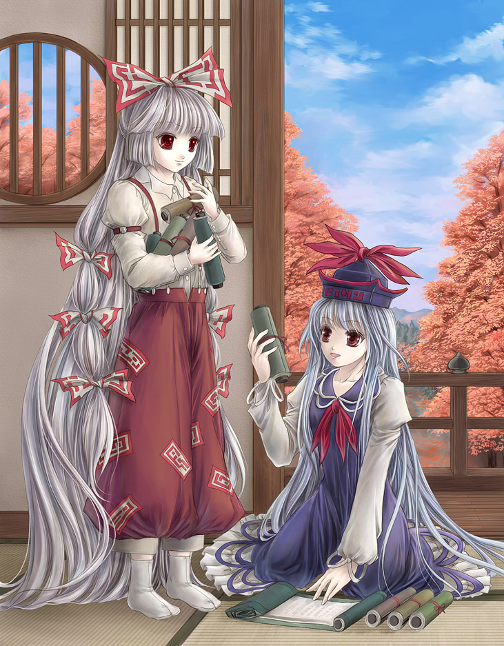yuki shuuka, fujiwara no mokou, kamishirasawa keine, touhou, white legwear, 2girls, absurdly long hair, blue dress, blue sky, bow, carrying, cloud, day, dress, female focus, frilled dress, frills, hair bow, hat, kneeling, long hair, looking at another, multiple girls, multiple hair bows, open mouth, railing, red eyes, scroll, sky, socks, standing, tatami, very long hair, white hair