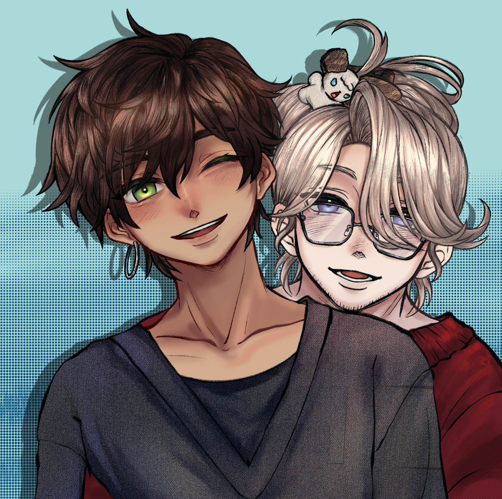france (hetalia), spain (hetalia), axis powers hetalia, highres, 2boys, blonde hair, blush, brown hair, earrings, facial hair, glasses, goatee stubble, green eyes, hair ornament, jewelry, male focus, multiple boys, one eye closed, open mouth, purple eyes, short hair, smile, stubble, sweater, tomato2755, updo, upper body