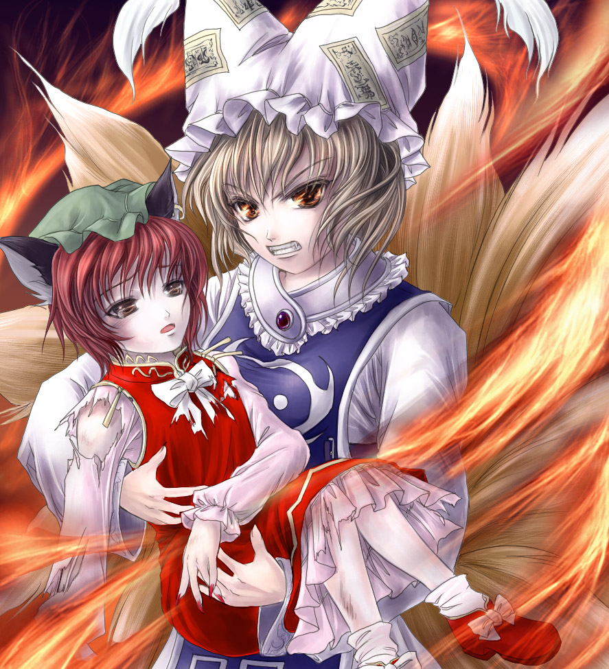 yuki shuuka, chen, yakumo ran, touhou, 2girls, angry, animal ears, animal hat, blonde hair, brown eyes, brown hair, cat ears, cat girl, cat tail, earrings, fangs, female focus, fingernails, fox tail, hat, jewelry, long sleeves, mob cap, multiple girls, multiple tails, open mouth, orange eyes, protecting, shoes, short hair, socks, surcoat, tail, tassel
