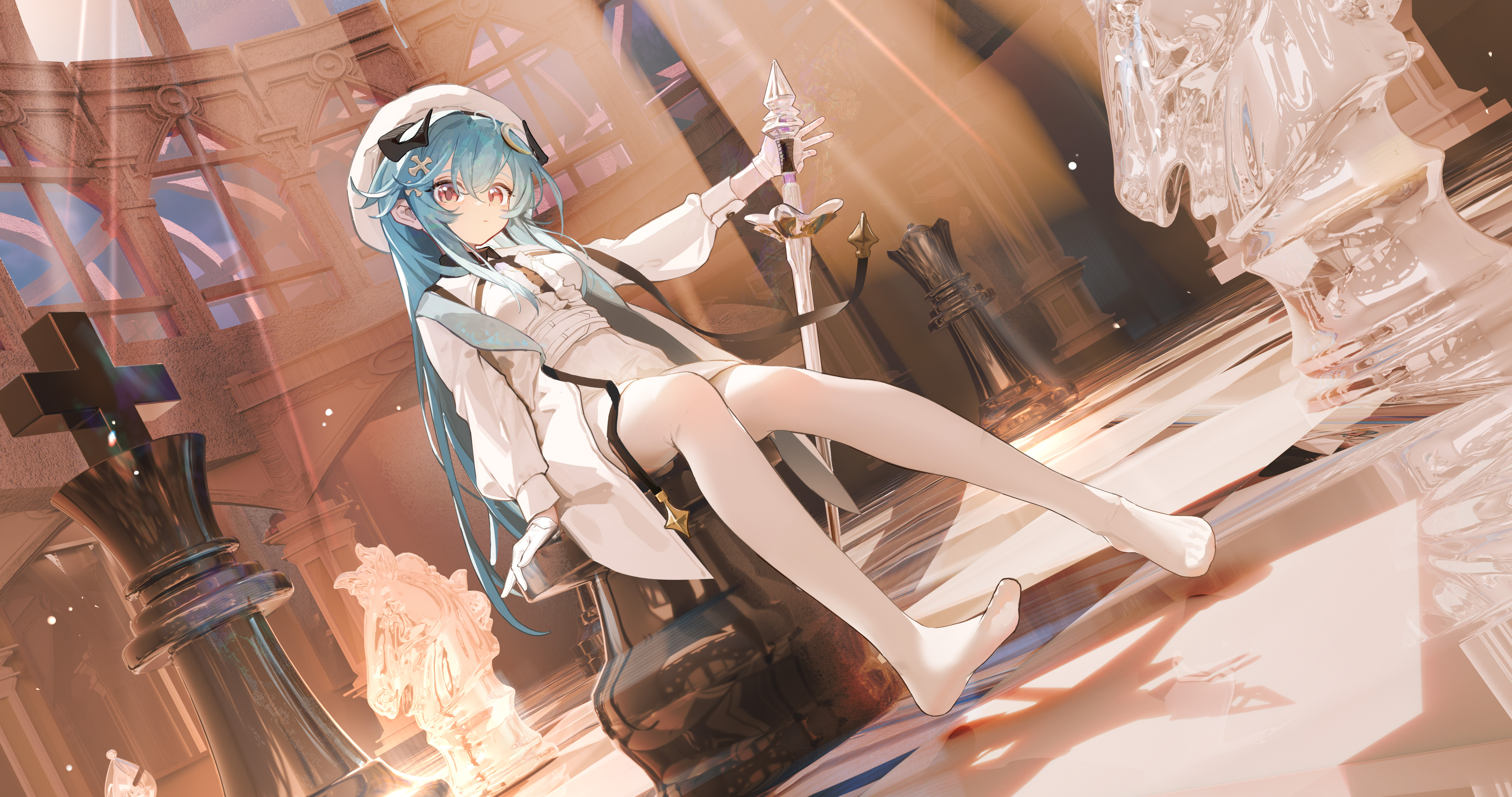 kele mimi, original, absurdres, highres, 1girl, blue hair, chess piece, demon girl, demon horns, feet, gloves, holding, holding staff, horns, king (chess), knees together feet apart, knight (chess), pantyhose, queen (chess), red eyes, staff, white gloves, white pantyhose
