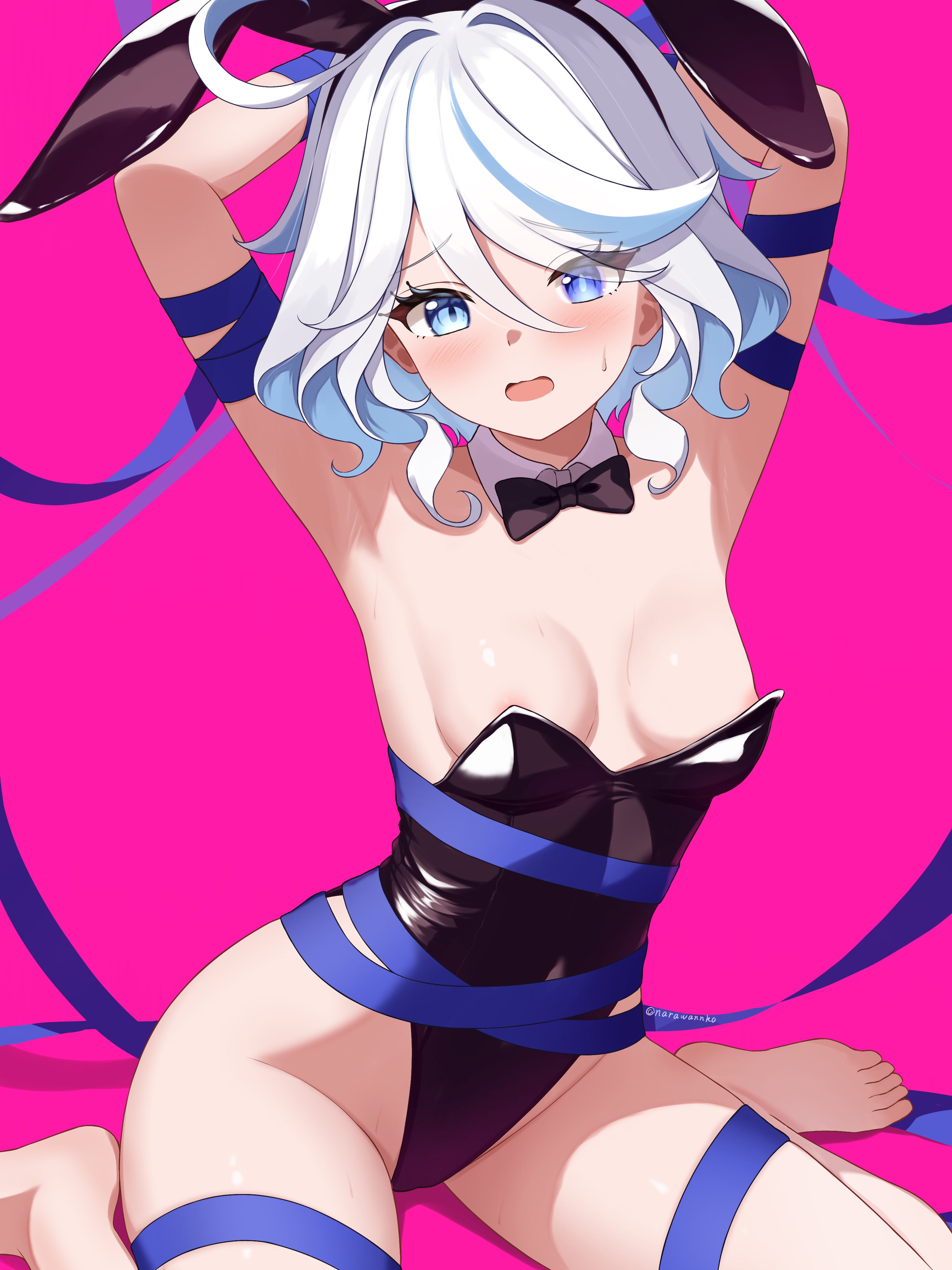 narawannko, furina (genshin impact), genshin impact, absurdres, commentary request, highres, 1girl, ahoge, alternate costume, animal ears, arms up, barefoot, black bow, black bowtie, black leotard, blue eyes, blue hair, blush, bow, bowtie, breasts, bunny day, fake animal ears, feet, hetero, leotard, multicolored hair, open mouth, pink background, playboy bunny, rabbit ears, restrained, short hair, simple background, sitting, small breasts, solo, thighs, toes, two-tone hair, wariza
