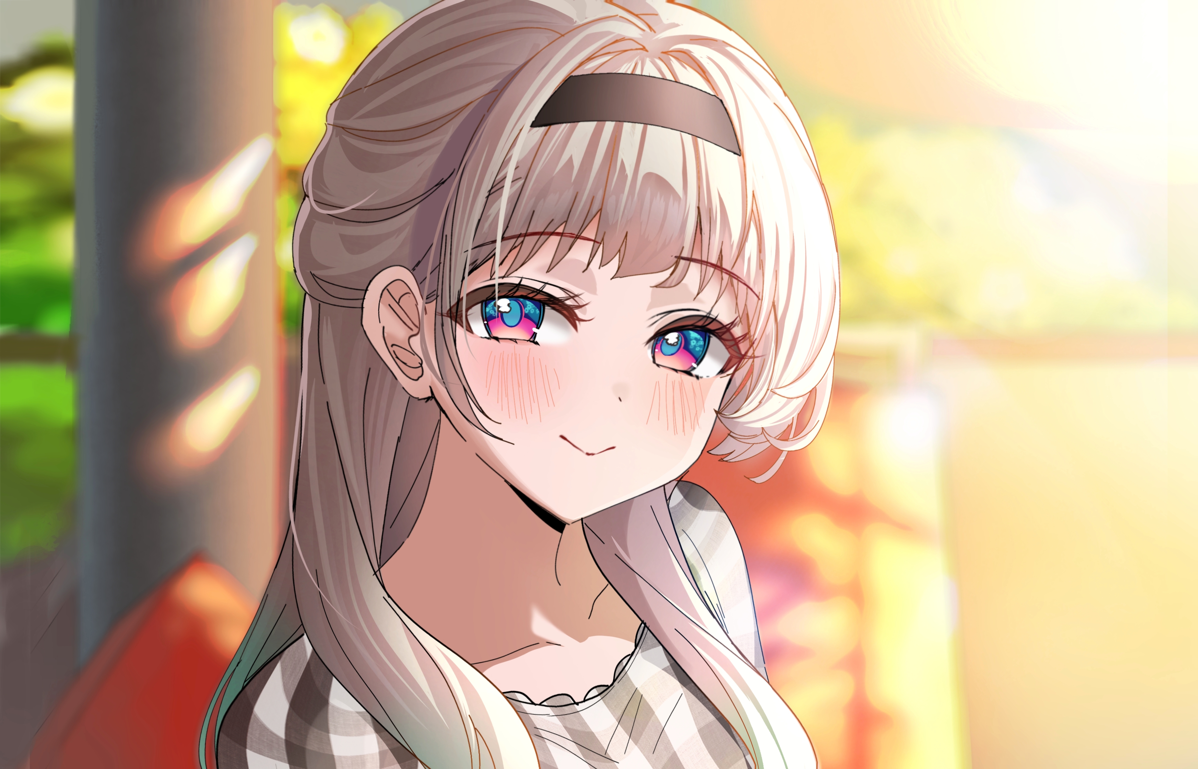 devl ga aru, firefly (honkai: star rail), honkai: star rail, honkai (series), absurdres, highres, 1girl, alternate costume, alternate hairstyle, blush, closed mouth, collarbone, gradient hair, green hair, hair intakes, long hair, looking at viewer, multicolored hair, pink eyes, plaid clothes, plaid shirt, shirt, solo, upper body