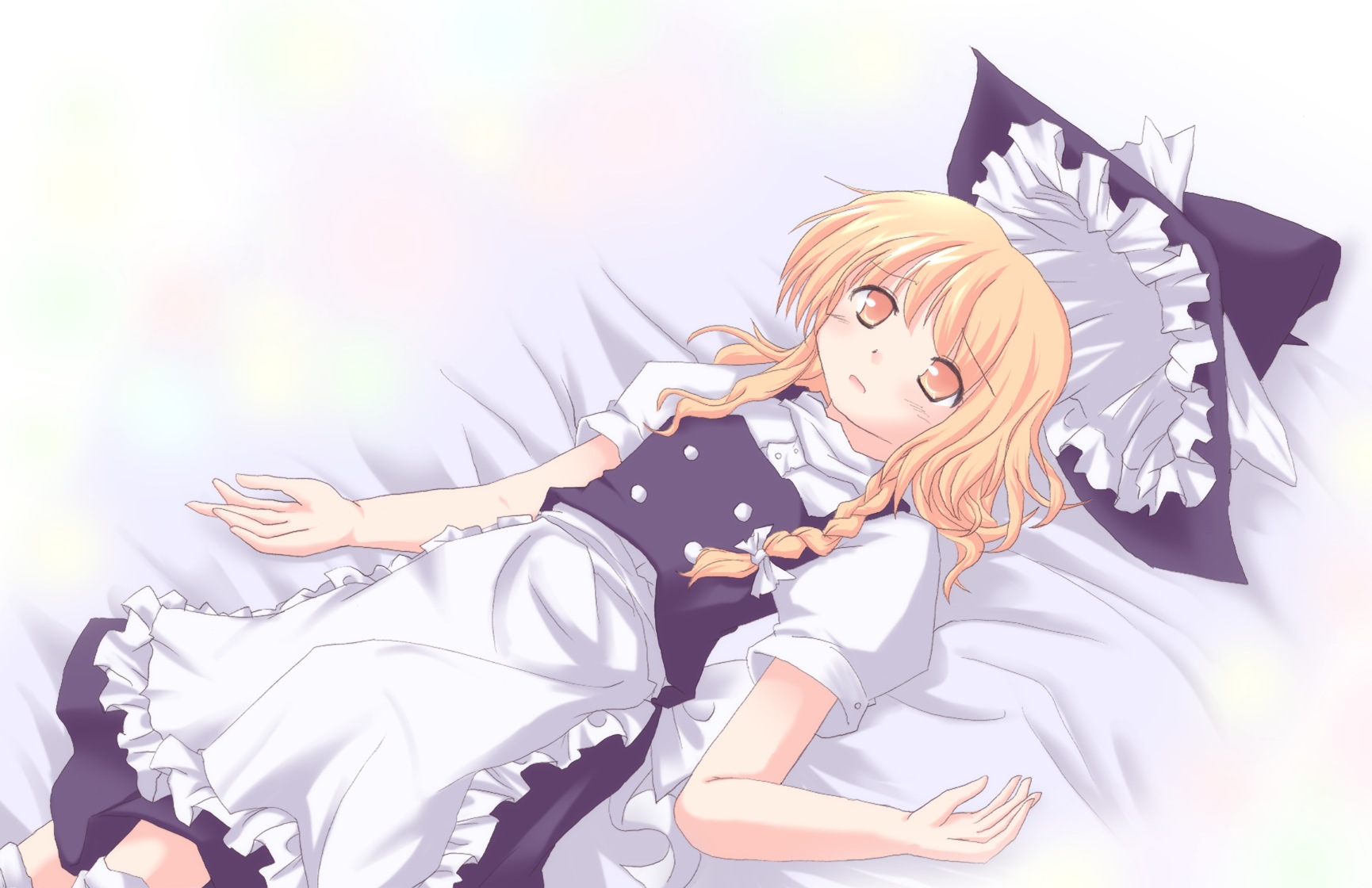 lzh, kirisame marisa, touhou, highres, 1girl, female focus, gradient background, hat, lying, on back, skirt, solo, white background