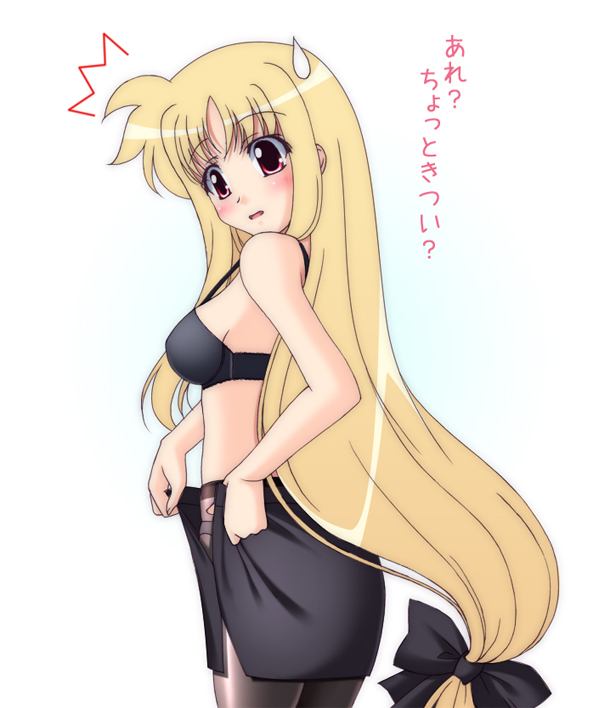 narutaki shin, fate testarossa, lyrical nanoha, mahou shoujo lyrical nanoha, mahou shoujo lyrical nanoha strikers, translated, 00s, 1girl, blonde hair, blush, bra, dressing, female focus, lingerie, long hair, low-tied long hair, panties, panties under pantyhose, pantyhose, red eyes, solo, text focus, underwear, very long hair