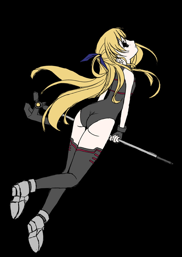 frapowa, bardiche (assault form) (nanoha), bardiche (nanoha), fate testarossa, fate testarossa (lightning form), vivio, lyrical nanoha, mahou shoujo lyrical nanoha, mahou shoujo lyrical nanoha strikers, touhou, 1girl, blonde hair, cosplay, fate testarossa (cosplay), female focus, long hair, solo, thighhighs, very long hair