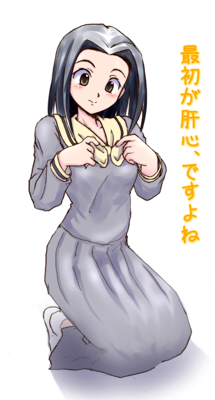 sasaki akira (ugc), arima nana, nijou noriko, maria-sama ga miteru, 00s, 1girl, black dress, black hair, brown eyes, closed mouth, collar, dress, female focus, head tilt, kneeling, long sleeves, looking at viewer, short hair, simple background, smile, solo, text focus, white background