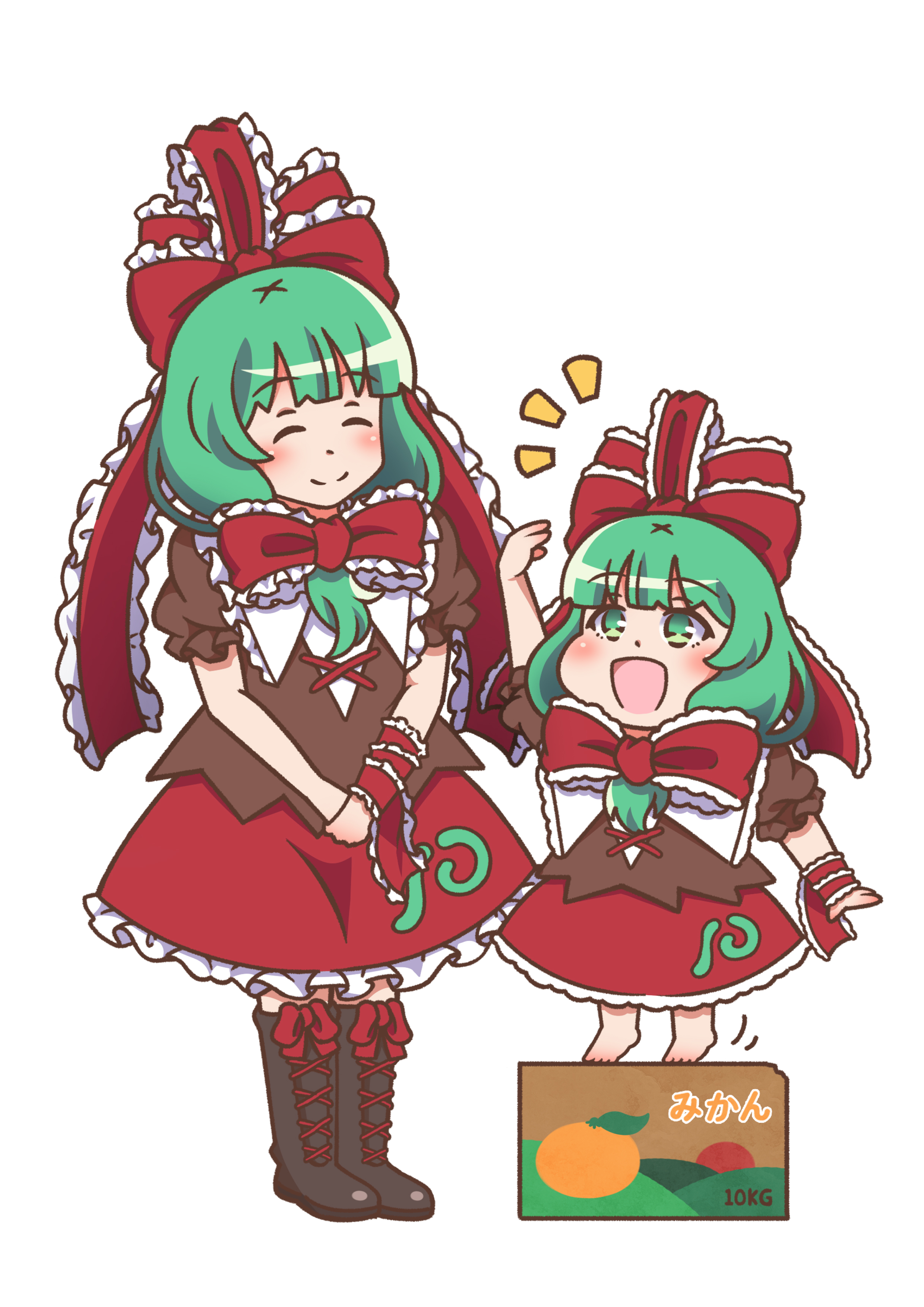 hayo (qudtjr4682), kagiyama hina, touhou, absurdres, highres, 2girls, age difference, barefoot, black boots, boots, bow, box, brown shirt, front ponytail, green eyes, green hair, multiple girls, red bow, red ribbon, red skirt, ribbon, shirt, skirt, white background