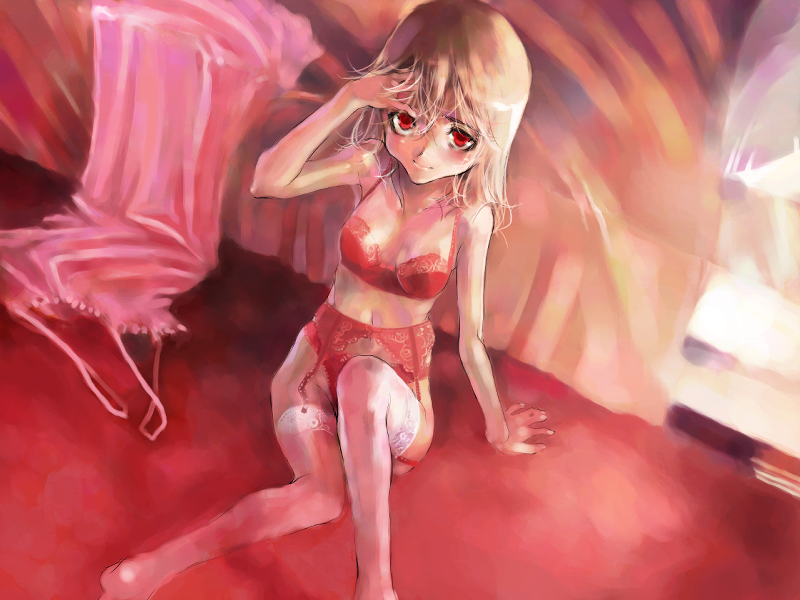haimura kiyotaka, rainbow spectrum, hilde (hotel ergriffen), hotel ergriffen, game cg, 1girl, bed, bra, brown hair, female focus, lingerie, panties, red eyes, sitting, solo, thighhighs, underwear, underwear only