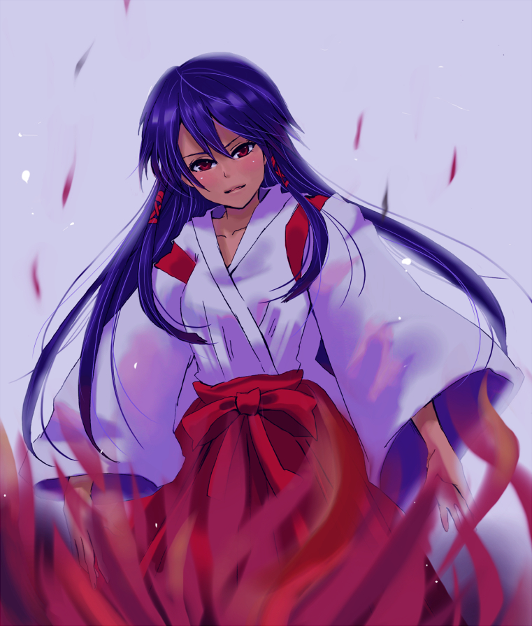 masaki (celesta), tatsumiya mana, mahou sensei negima!, 00s, 1girl, celesta, dark-skinned female, dark skin, female focus, fire, hakama, hakama skirt, japanese clothes, miko, red eyes, red hakama, skirt, solo
