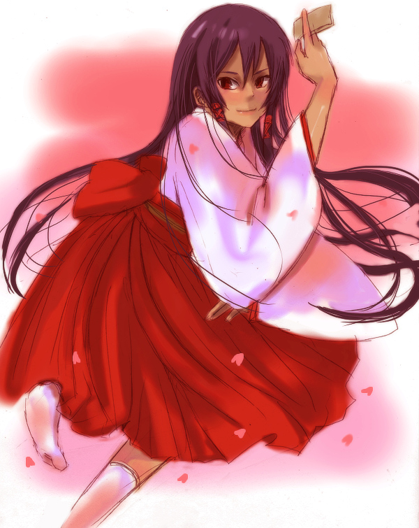 masaki (celesta), tatsumiya mana, mahou sensei negima!, 00s, 1girl, celesta, dark-skinned female, dark skin, female focus, hakama, hakama skirt, japanese clothes, miko, ofuda, red eyes, red hakama, skirt, solo