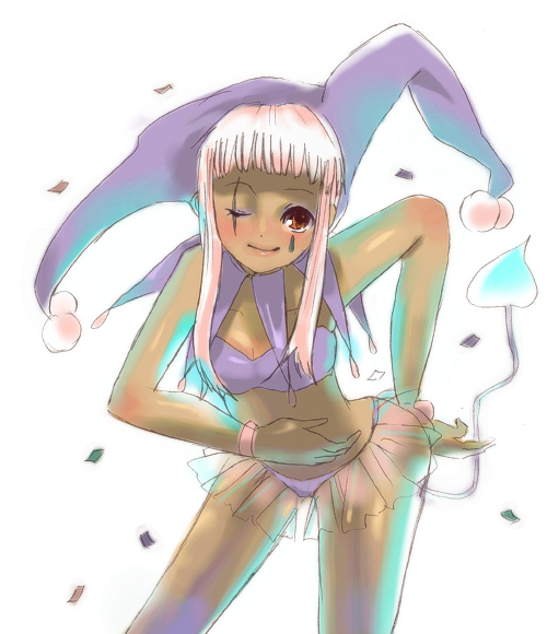 masaki (celesta), zazie rainyday, mahou sensei negima!, 00s, 1girl, bikini, bow, breasts, celesta, cleavage, dark-skinned female, dark skin, female focus, hand on own hip, hat, one eye closed, purple bikini, purple hat, red eyes, simple background, smile, solo, standing, stomach, swimsuit, tail, white background, white hair