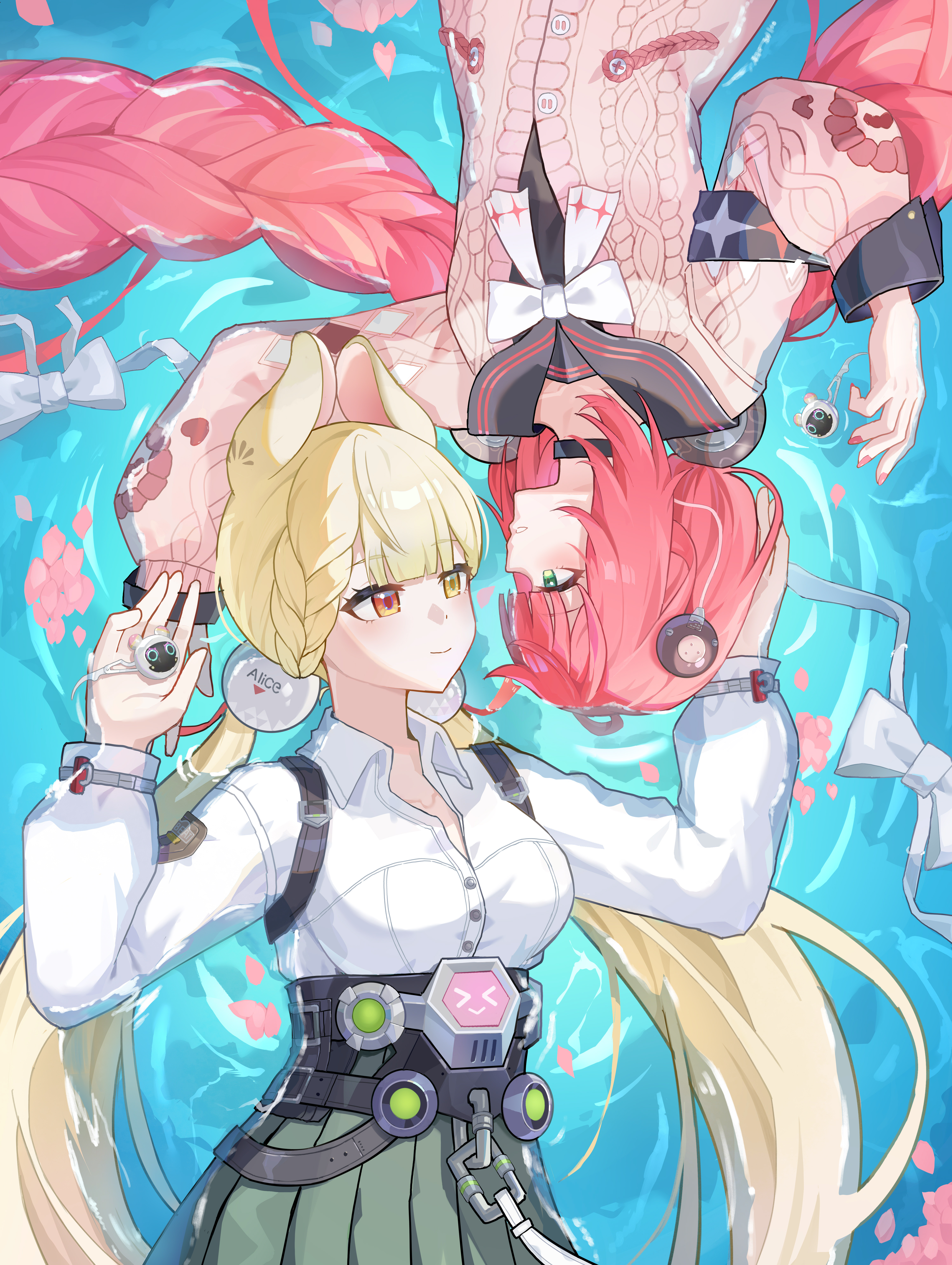 alice thymefield, ukinami yuzuha, zenless zone zero, absurdres, highres, 2girls, animal ears, blonde hair, bow, braid, braided bangs, breasts, closed mouth, eye contact, green eyes, green skirt, heterochromia, long hair, long sleeves, looking at another, low twintails, lying, multiple girls, on back, partially submerged, petals, pink hair, pleated skirt, rabbit ears, red eyes, red hair, rotational symmetry, sailor collar, shirt, skirt, smile, twintails, very long hair, w-baiye, water, white bow, white shirt, yellow eyes, yuri