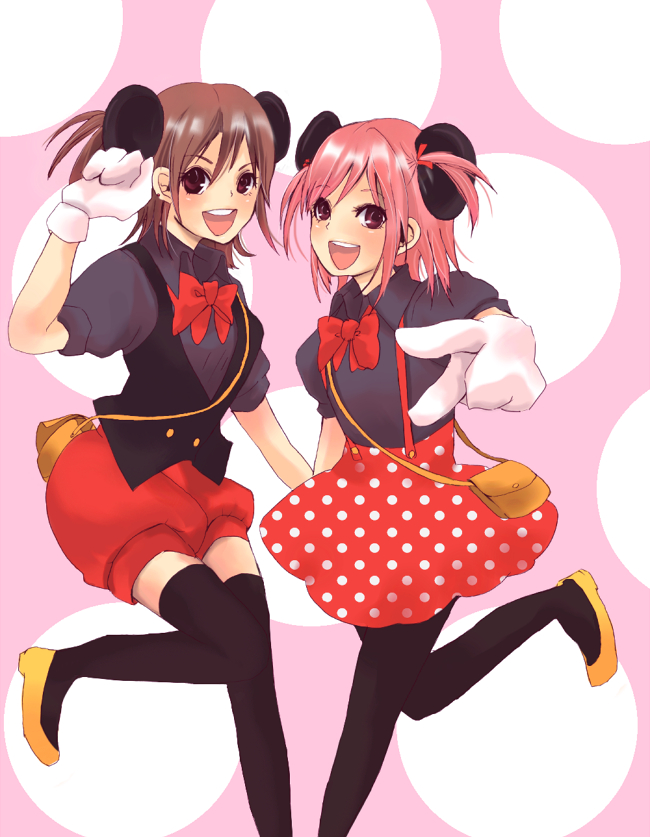 masaki (celesta), akashi yuuna, mickey mouse, minnie mouse, sasaki makie, disney, mahou sensei negima!, mickey mouse & friends, 2girls, animal ears, black pantyhose, celesta, cosplay, gloves, mickey mouse (cosplay), mickey mouse ears, minnie mouse (cosplay), mouse ears, multiple girls, pantyhose, pink hair, short twintails, side ponytail, thighhighs, twintails