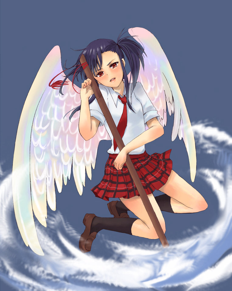 masaki (celesta), sakurazaki setsuna, mahou sensei negima!, 00s, celesta, katana, plaid clothes, plaid skirt, red eyes, school uniform, serafuku, side ponytail, skirt, socks, solo, sword, weapon, wings
