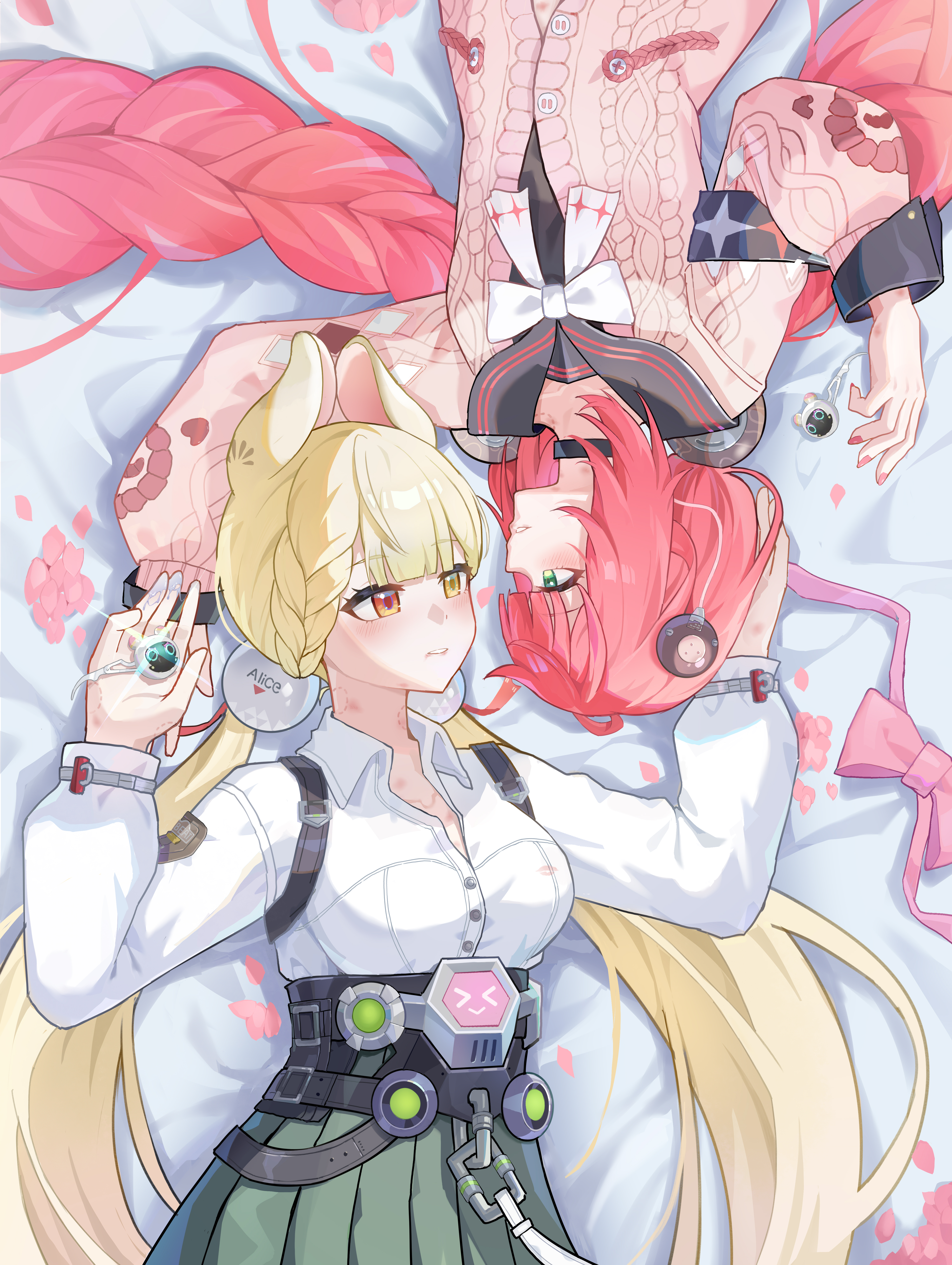 alice thymefield, ukinami yuzuha, zenless zone zero, absurdres, highres, 2girls, animal ears, blonde hair, blush, bow, braid, braided bangs, breasts, closed mouth, collared shirt, eye contact, flower, green eyes, green skirt, hair ornament, heterochromia, long hair, long sleeves, looking at another, low twintails, lying, multiple girls, on back, parted lips, petals, pink hair, pleated skirt, puffy long sleeves, puffy sleeves, rabbit ears, red eyes, red hair, sailor collar, shirt, skirt, twintails, very long hair, w-baiye, white bow, white shirt, yuri