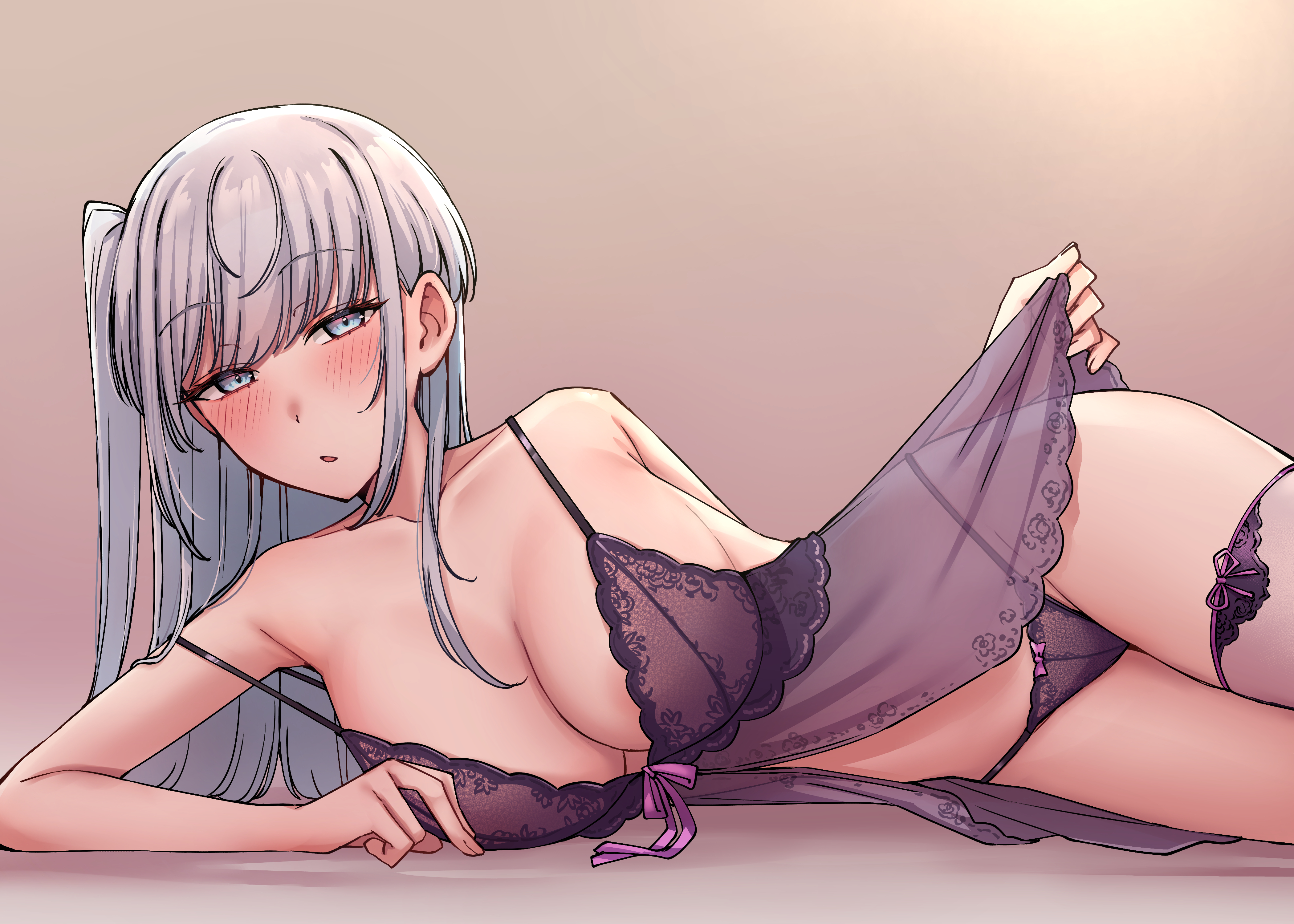 kiritto, fuyutsuki (kancolle), kantai collection, absurdres, commentary request, highres, 1girl, alternate costume, areola slip, babydoll, blue eyes, blush, breasts, grey hair, large breasts, long hair, looking at viewer, lying, on side, panties, parted lips, purple babydoll, purple panties, purple thighhighs, see-through clothes, simple background, single thighhigh, solo, strap slip, thighhighs, two side up, underwear
