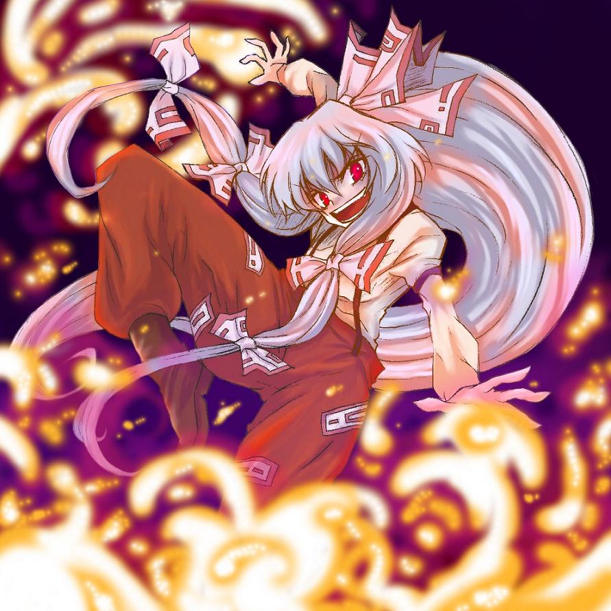 uousa-ou, fujiwara no mokou, touhou, 1girl, boots, bow, brown boots, evil smile, female focus, fire, hair bow, hair ribbon, long hair, long sleeves, looking at viewer, ofuda, open mouth, pants, red eyes, ribbon, shirt, smile, solo, suspenders, teeth, tress ribbon, very long hair, white hair, white shirt