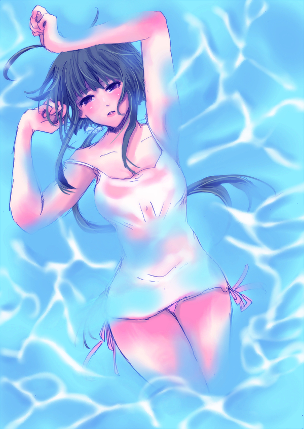 masaki (celesta), nagase kaede, mahou sensei negima!, 00s, blush, celesta, green hair, solo, swimsuit, water