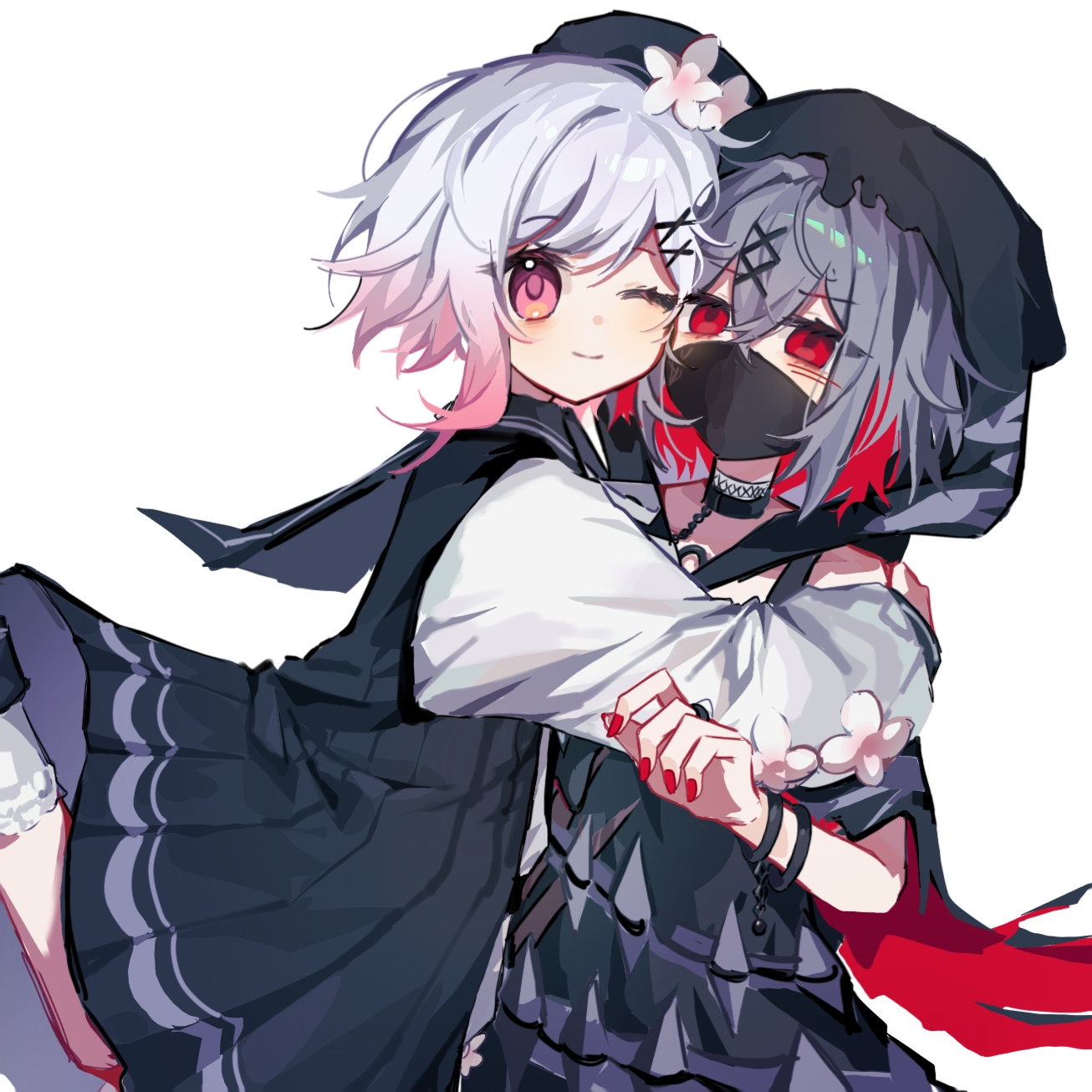 sakuraba ema, mahou shoujo no majo saiban, chinese commentary, commentary request, highres, 2girls, beret, black hat, bracelet, colored inner hair, cowboy shot, flower, gradient hair, grey hair, hair flower, hair ornament, hat, hood, hood up, hug, jewelry, long sleeves, looking at viewer, magical girl, mask, mouth mask, multicolored hair, multiple girls, nail polish, one eye closed, pink eyes, red eyes, red nails, shitou arisa, short hair, simple background, smile, standing, white background, white flower, white hair, x hair ornament, xiaohongshu 6547c42c