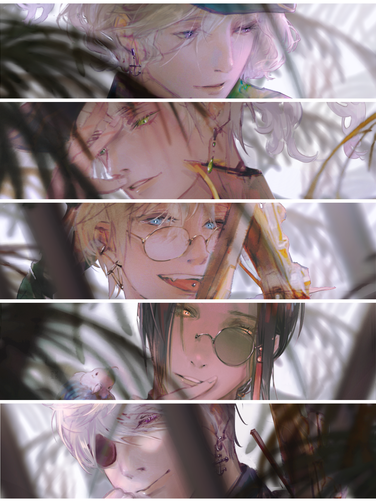 23cifang, america (hetalia), china (hetalia), france (hetalia), russia (hetalia), united kingdom (hetalia), axis powers hetalia, highres, 5boys, black hair, blonde hair, blue eyes, earrings, eyepatch, glasses, green eyes, grey hair, jewelry, male focus, monocle, multiple boys, orange eyes, piercing, purple eyes, short hair, smile, thick eyebrows, tongue piercing