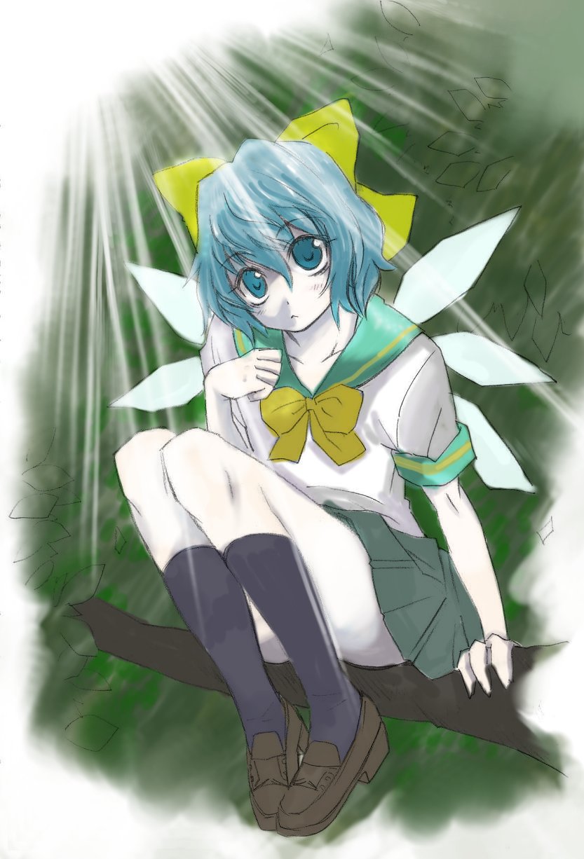 uousa-ou, cirno, touhou, bad id, bad pixiv id, highres, 1girl, alternate costume, bow, female focus, school uniform, serafuku, solo