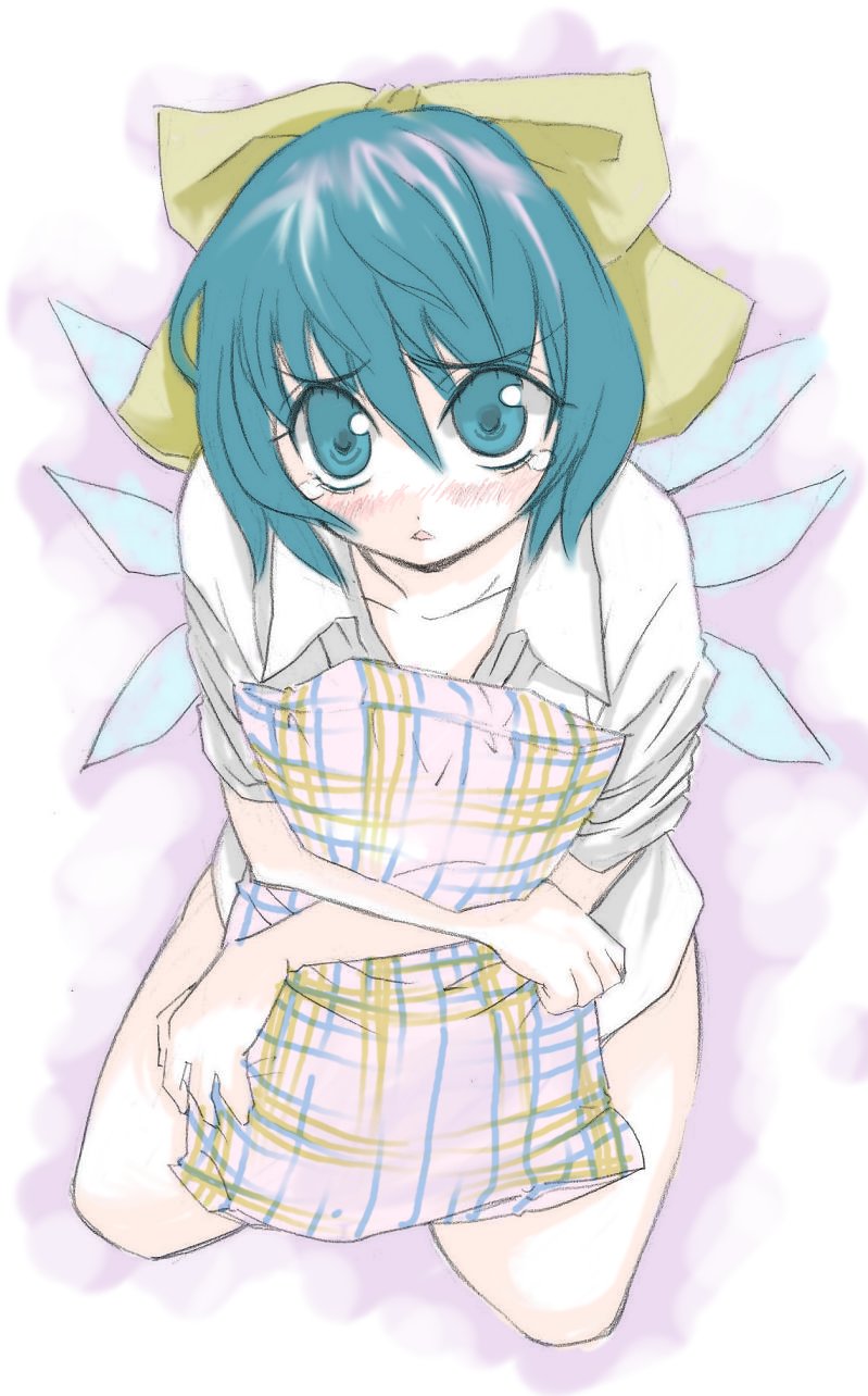 uousa-ou, cirno, shoot the bullet, touhou, bad id, bad pixiv id, highres, 1girl, blush, bottomless, bow, female focus, from above, hugging object, kneeling, looking up, pillow, pillow hug, ribbon, solo, tears, wings