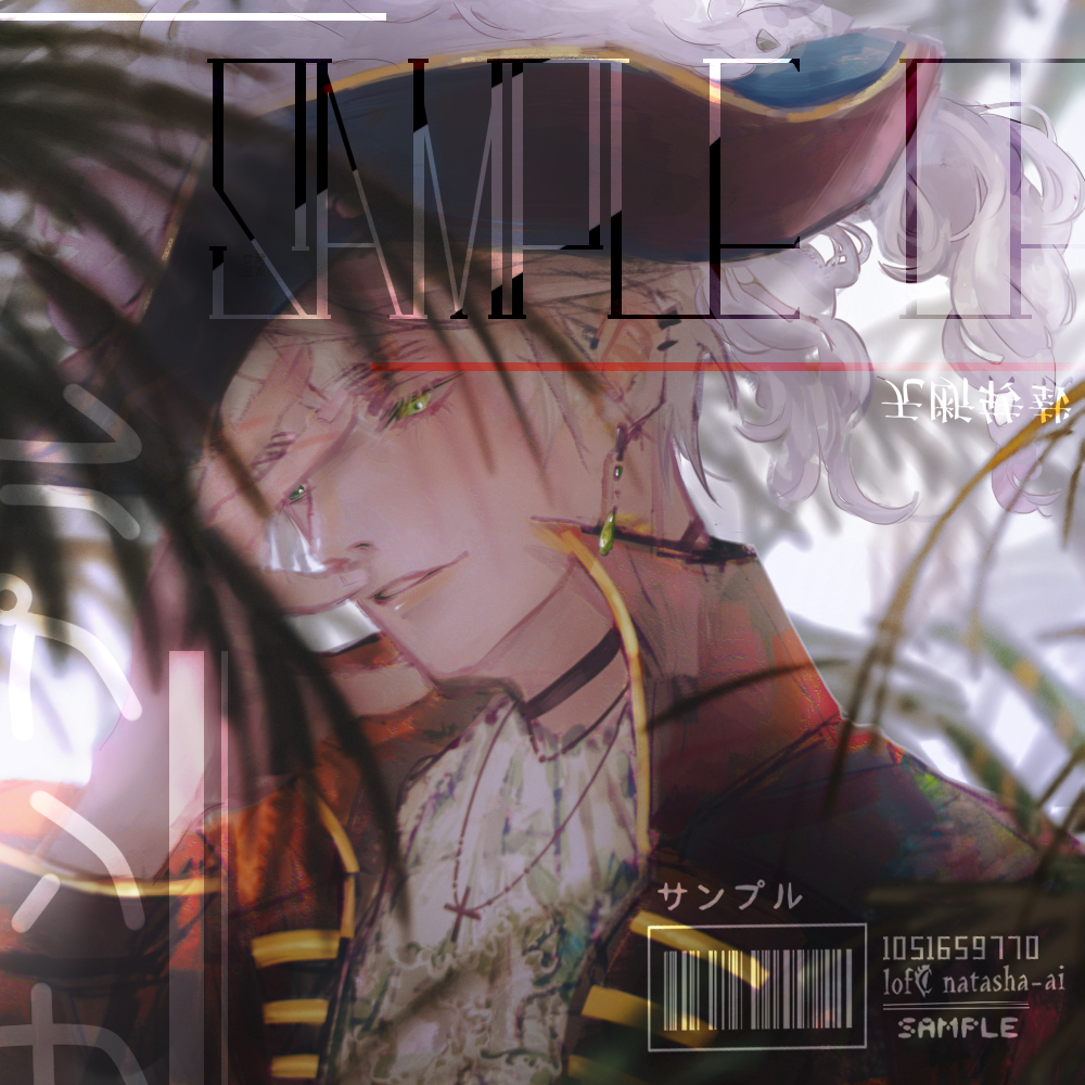 23cifang, united kingdom (hetalia), axis powers hetalia, 1boy, blonde hair, choker, earrings, green eyes, hat, jacket, jewelry, male focus, necklace, plume, sample watermark, short hair, smile, solo, thick eyebrows, upper body, watermark