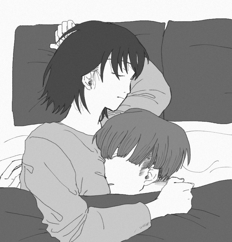 hatono chihiro, takami kouki, futsuu no keion-bu, commentary request, protected link, 1boy, 1girl, aoyama (am ayoa), closed eyes, couple, greyscale, head on chest, hetero, long sleeves, lying, monochrome, on bed, on side, pillow, shirt, short hair, sleeping, under covers