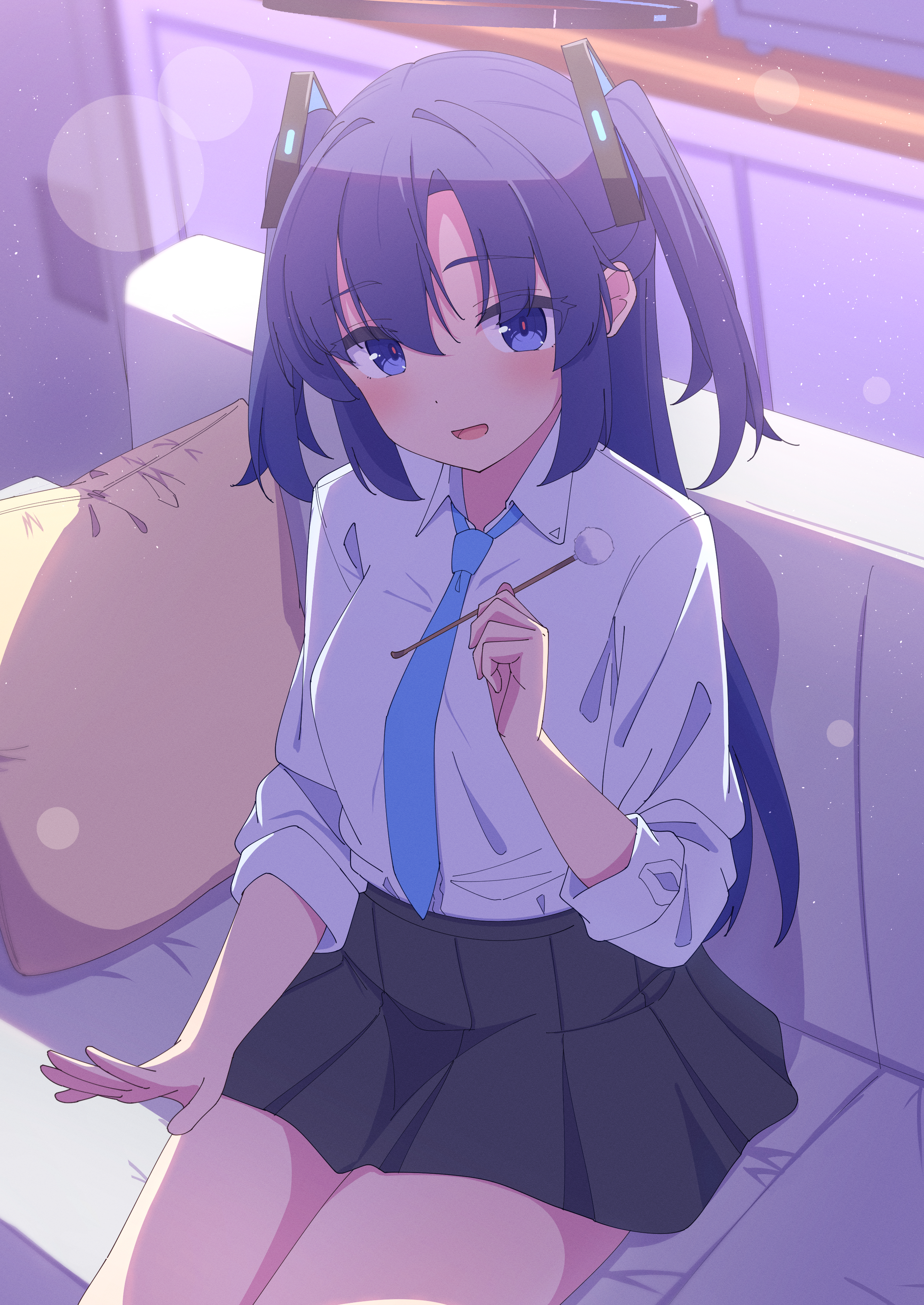 aot., yuuka (blue archive), blue archive, absurdres, highres, 1girl, black skirt, blue eyes, blue necktie, blush, breasts, couch, holding, large breasts, long hair, long sleeves, looking at viewer, necktie, on couch, open mouth, pillow, purple hair, school uniform, shirt, sitting, skirt, sleeves rolled up, smile, solo, twintails, white shirt
