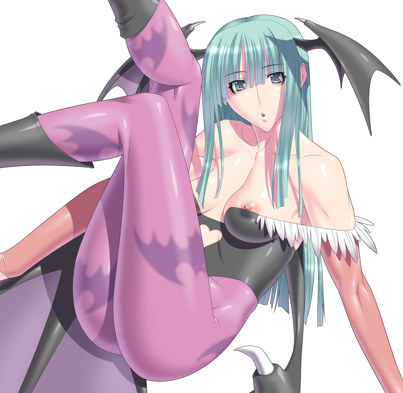 kansuke, morrigan aensland, capcom, darkstalkers, 1girl, animal print, bat print, breasts, demon girl, demon wings, female focus, head wings, large breasts, nipple slip, nipples, pantyhose, print pantyhose, solo, wings