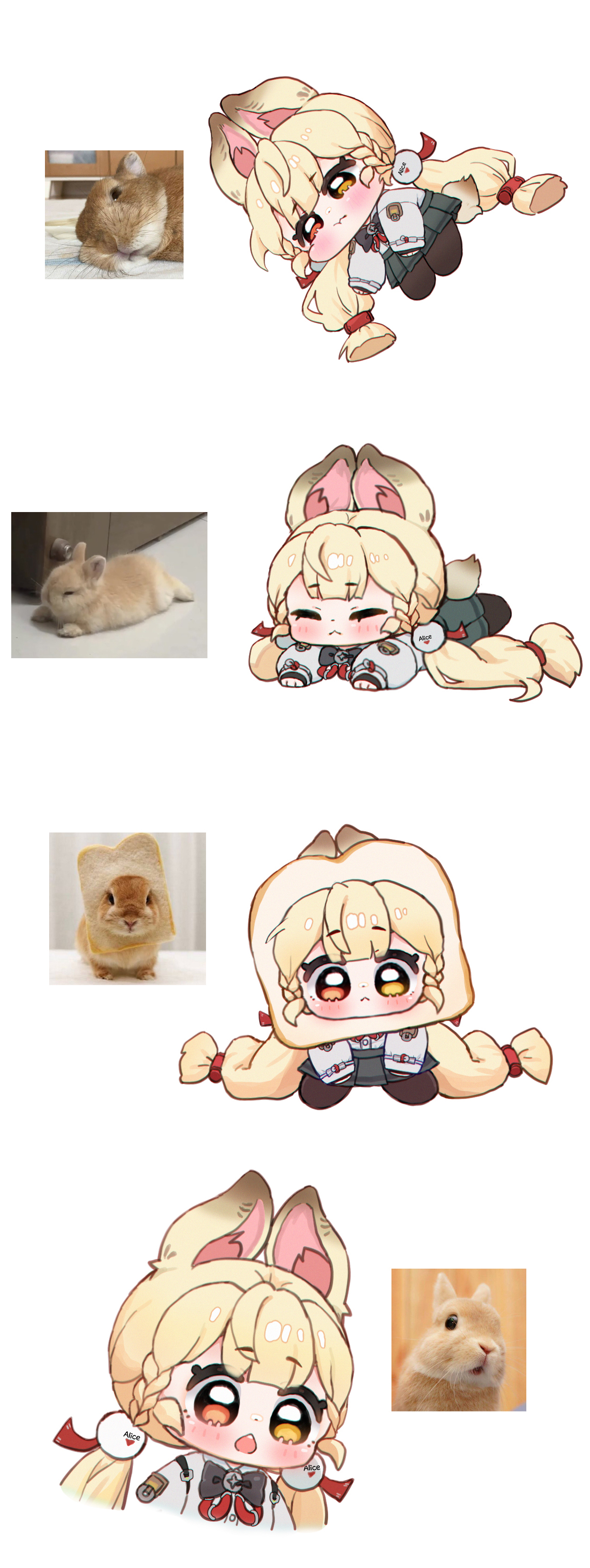 hue oo, alice thymefield, zenless zone zero, absurdres, commentary, highres, photo-referenced, symbol-only commentary, 1girl, :3, animal ears, black gloves, black pantyhose, blonde hair, blush, bread, bread slice, chibi, chibi only, closed eyes, closed mouth, fingerless gloves, food, gloves, green skirt, hair ornament, heterochromia, in food, long hair, long sleeves, low twintails, lying, multiple views, on stomach, open mouth, pantyhose, pleated skirt, pom pom (clothes), pom pom hair ornament, rabbit ears, red eyes, reference inset, shirt, simple background, skirt, smile, toast, twintails, white background, white shirt, yellow eyes