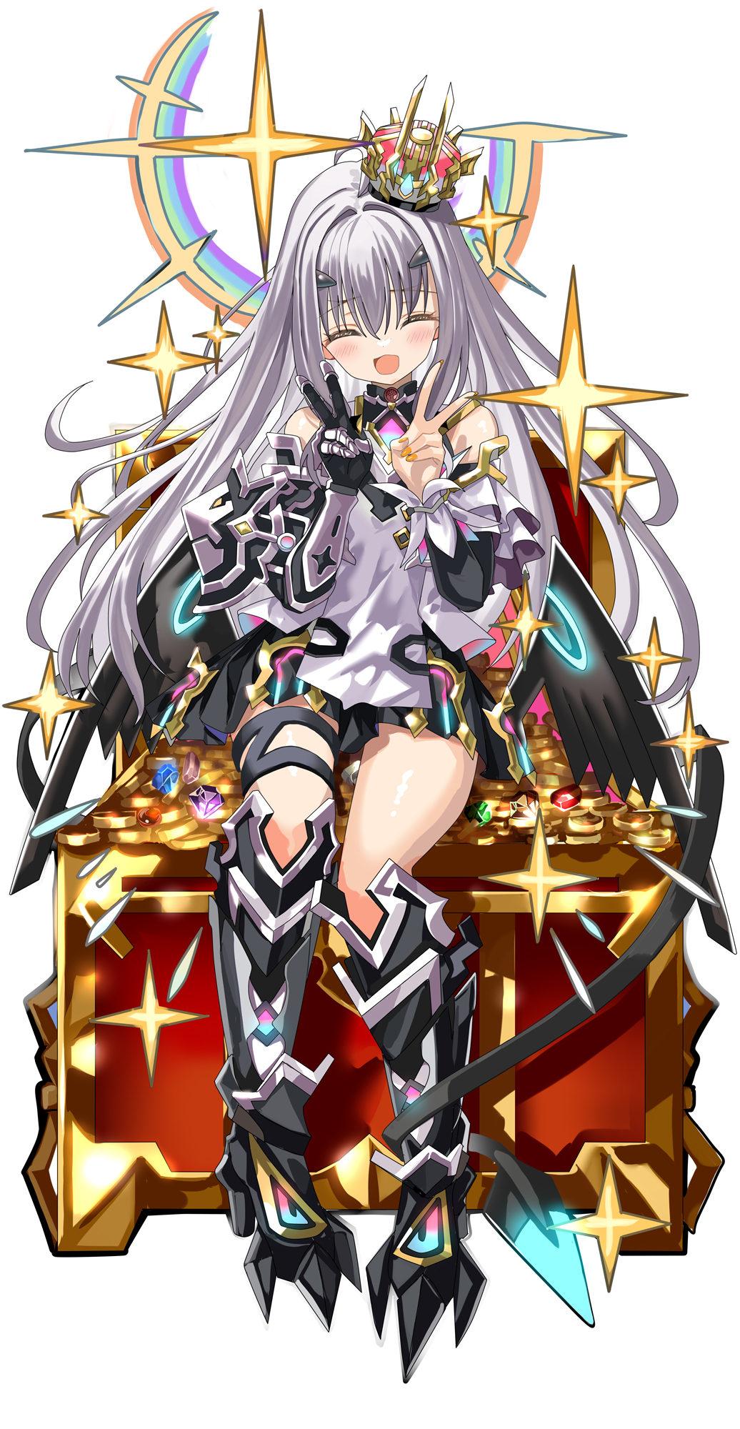 shino (eefy), melusine (fate), fate/grand order, fate (series), highres, variant set, 1girl, armor, bare shoulders, black dress, blush, breasts, closed eyes, coin, crown, dragon wings, dress, forked eyebrows, full body, gauntlets, gold coin, gold trim, greaves, long hair, melusine (the treasure) (fate), mini crown, open mouth, short dress, sidelocks, silver trim, small breasts, smile, tail, treasure chest, two-tone dress, white background, white dress, white hair, wings