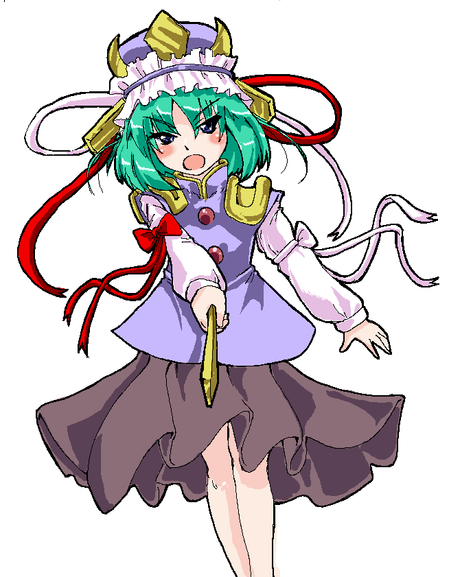 sayuu hanten, shiki eiki, touhou, 1girl, angry, blue eyes, blush, bow, female focus, green hair, hat, oekaki, open mouth, ribbon, rod of remorse, short hair, simple background, skirt, solo