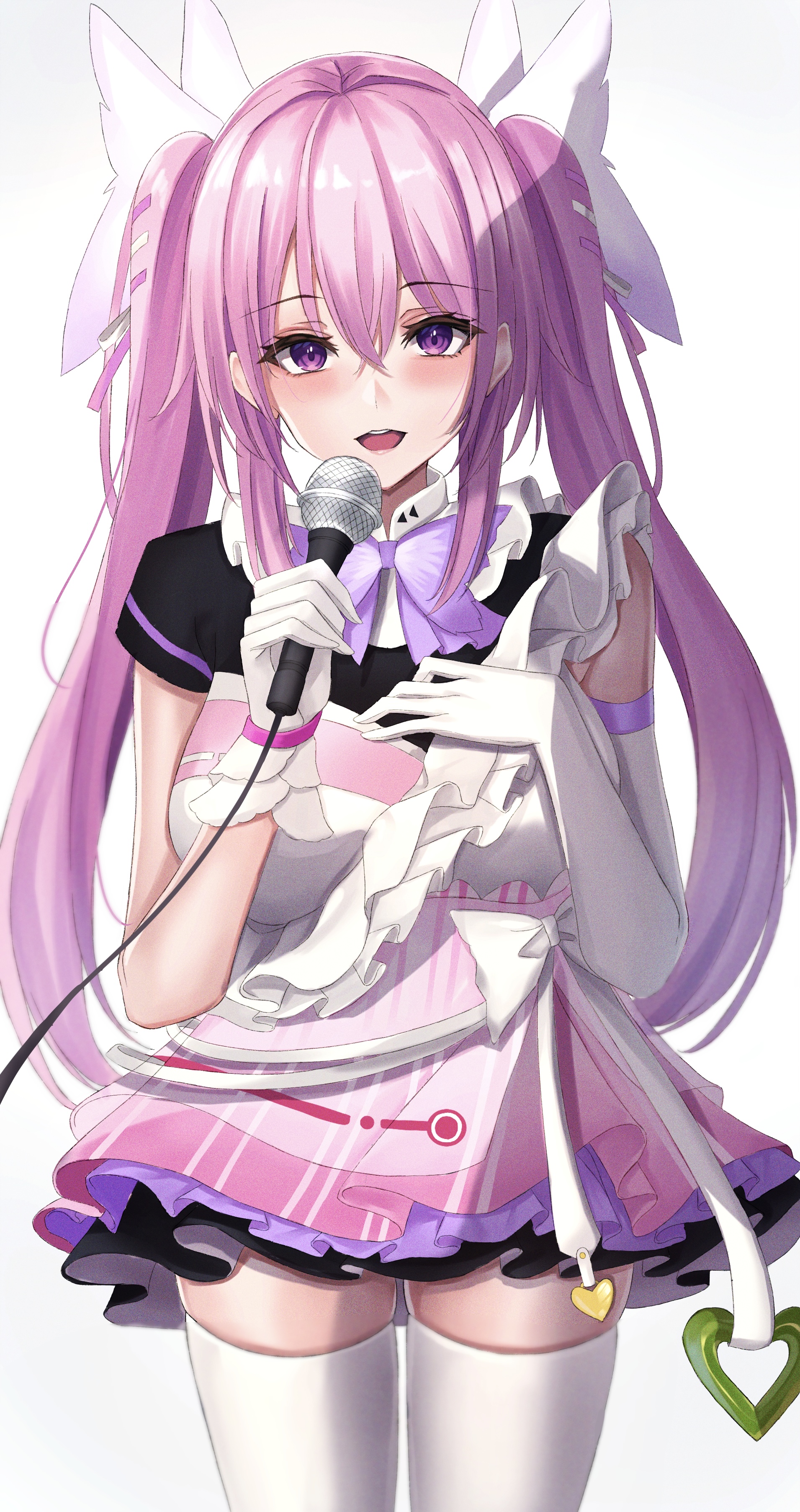 7saki, chiyoura chiyomi, aogiri koukou, absurdres, commentary request, commission, highres, pixiv commission, 1girl, :d, asymmetrical gloves, black shirt, blush, bow, bowtie, breasts, butterfly bowtie, cowboy shot, dress, dress over shirt, elbow gloves, gloves, hair between eyes, hair bow, hand on own chest, hand up, heart, holding, holding microphone, large breasts, long hair, looking at viewer, microphone, open mouth, pink dress, pink hair, purple bow, purple bowtie, purple eyes, shirt, short dress, short sleeves, simple background, single elbow glove, single glove, skindentation, sleeveless, sleeveless dress, smile, solo, straight-on, strapless, strapless dress, teeth, thighhighs, thighs, tongue, twintails, two-tone dress, virtual youtuber, white background, white bow, white dress, white gloves, white thighhighs, zettai ryouiki