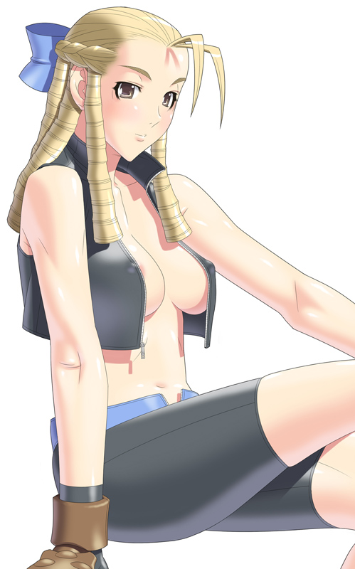 kansuke, kanzuki karin, capcom, street fighter, street fighter zero (series), 1990s (style), 1girl, bike shorts, breasts, female focus, hair slicked back, nipple slip, nipples, open clothes, open shirt, retro artstyle, shirt, solo