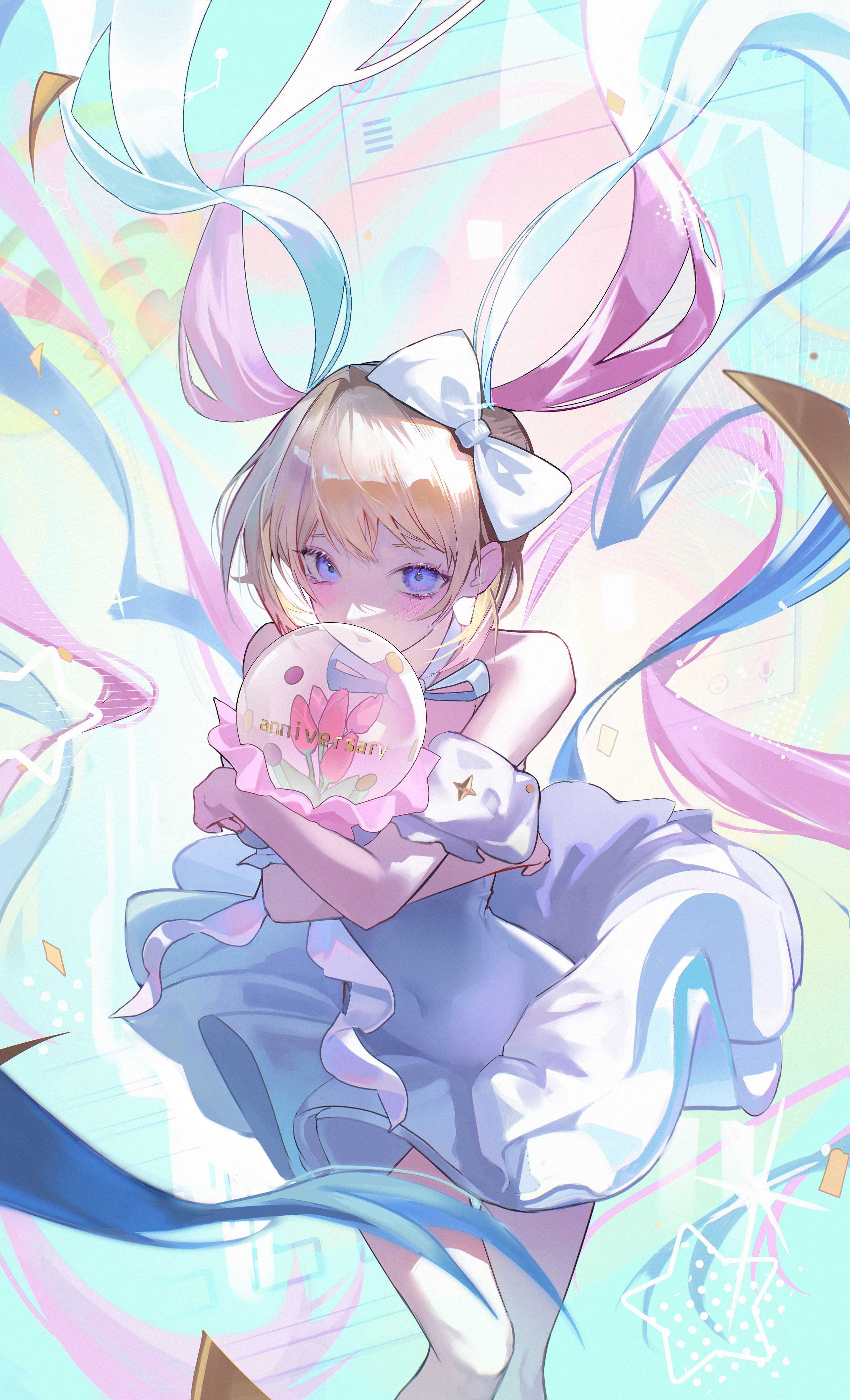 kkokoma, chouzetsusaikawa tenshi-chan, needy girl overdose, absurdres, highres, 1girl, blonde hair, blue eyes, blue hair, bow, crystal ball, dress, hair bow, holding, long hair, neck ribbon, parted lips, pink hair, quad tails, ribbon, sleeveless, sleeveless dress, solo, very long hair, white bow, white dress, white ribbon