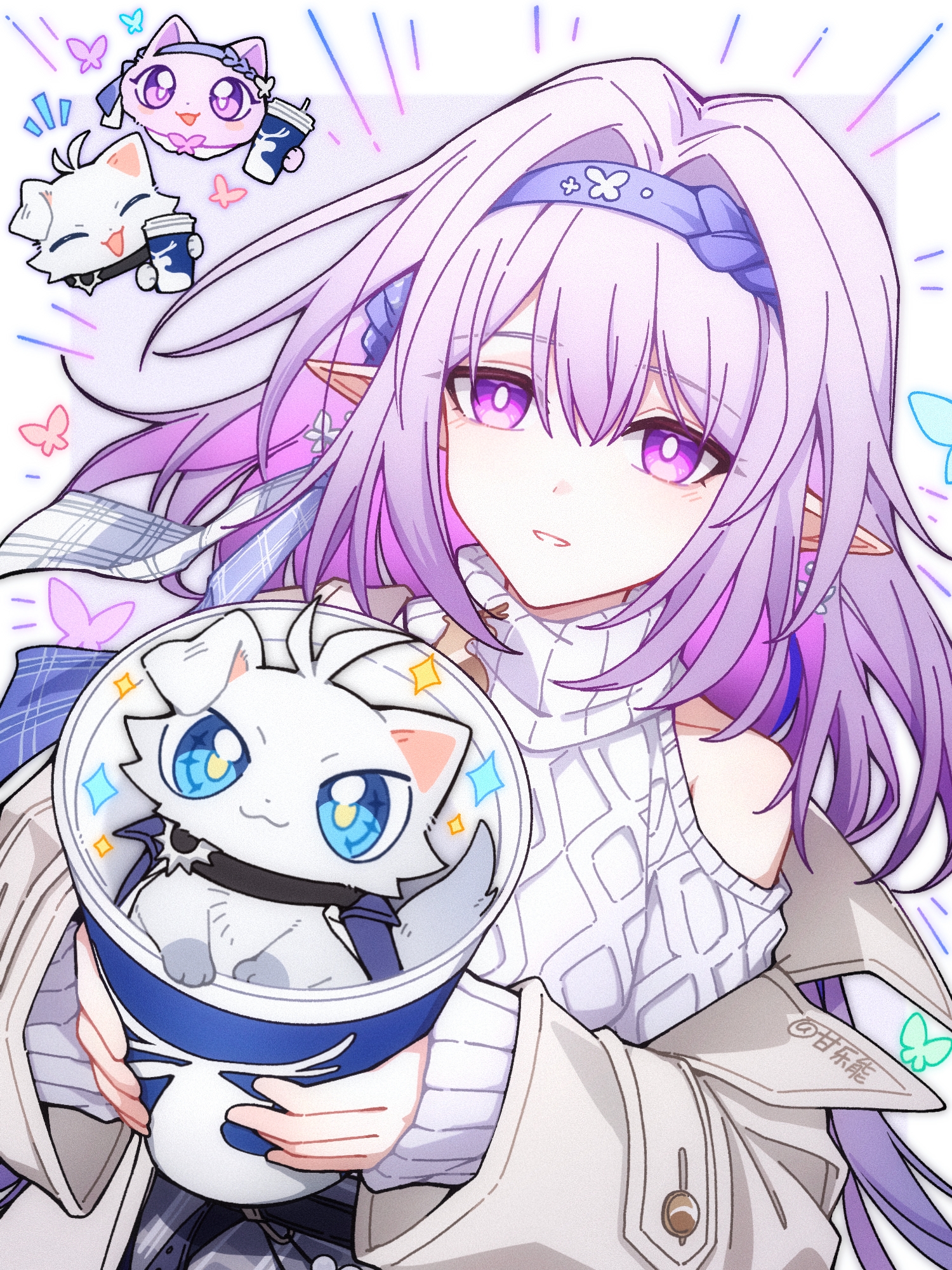 ganleneng, castorice (honkai: star rail), honkai: star rail, honkai (series), highres, 1girl, animal, bare shoulders, blue hairband, book, bright pupils, castorice (luckin coffee) (honkai: star rail), cat, clothing cutout, dog, earrings, hair between eyes, hairband, holding, holding animal, jacket, jewelry, long hair, long sleeves, looking at viewer, multicolored hair, off shoulder, open clothes, parted lips, pointy ears, purple eyes, purple hair, shoulder cutout, smile, solo, sweater, upper body, white pupils, white sweater