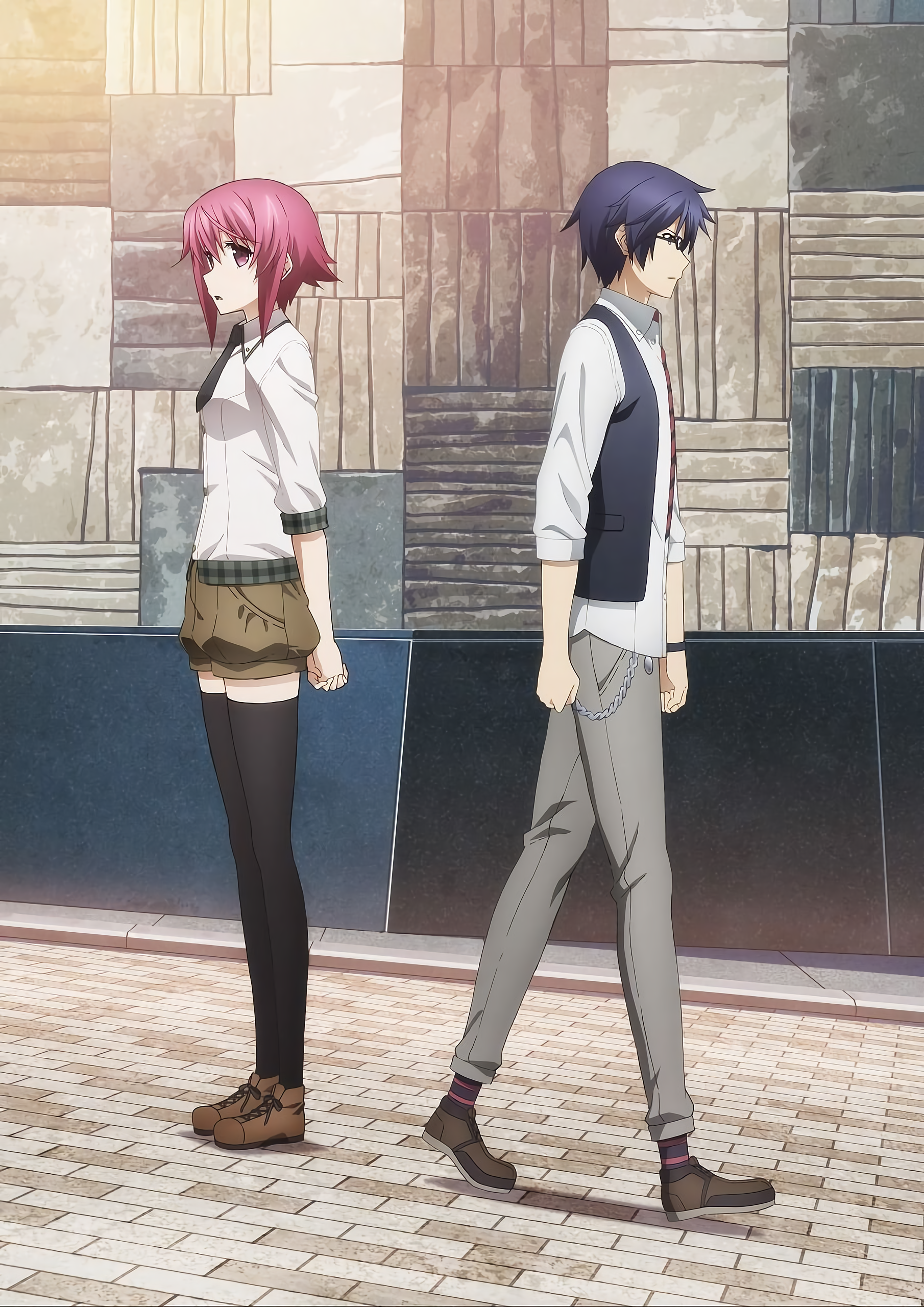 miyashiro takuru, onoe serika, chaos;child, science adventure, absurdres, highres, key visual, non-web source, official art, promotional art, 1boy, 1girl, black thighhighs, black vest, blue hair, brown shoes, brown shorts, casual, chain, dress shirt, glasses, grey pants, looking at another, necktie, pants, plaid clothes, plaid sleeves, puffy shorts, shirt, shoes, short hair, short necktie, short shorts, shorts, socks, striped clothes, striped socks, thighhighs, vest, walking, white shirt