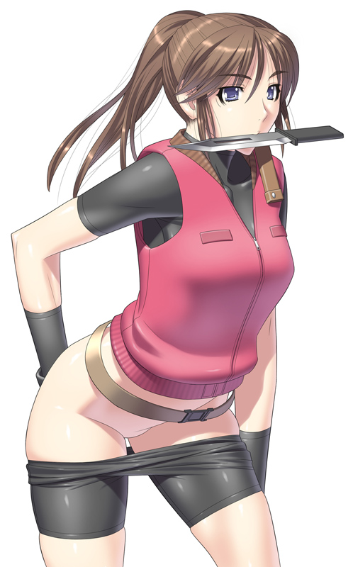 kansuke, claire redfield, capcom, resident evil, resident evil 2, 1girl, bike shorts, blue eyes, brown hair, female focus, knife, latex, long hair, mouth hold, no panties, no pussy, ponytail, solo
