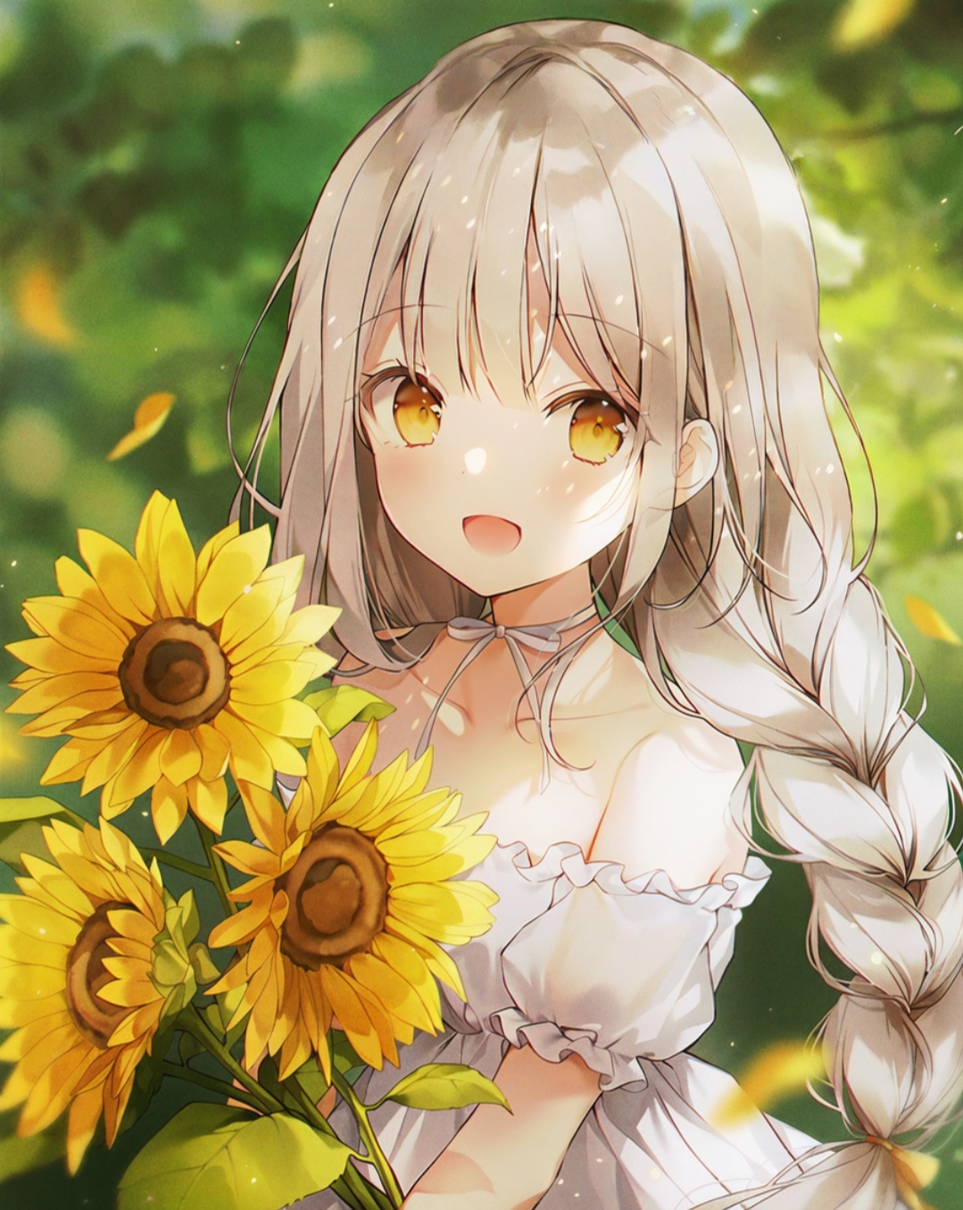 weri, original, white neckwear, third-party edit, 1girl, :d, blurry, blurry background, blush, braid, brown hair, choker, collarbone, day, depth of field, dress, flower, frilled sleeves, frills, hair ribbon, holding, holding flower, long hair, looking at viewer, off-shoulder dress, off shoulder, open mouth, outdoors, ribbon, ribbon choker, short sleeves, smile, solo, sunflower, sunflower petals, sunlight, twin braids, upper body, white choker, white dress, yellow eyes, yellow flower, yellow ribbon
