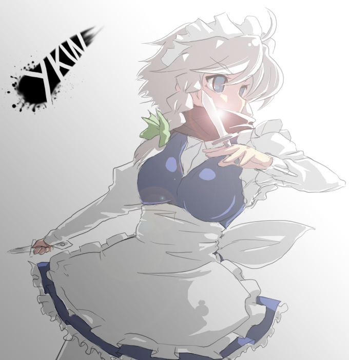 izayoi sakuya, perfect cherry blossom, touhou, silver hair, 1girl, backlighting, braid, covered mouth, cowboy shot, female focus, gradient background, grey background, hair ribbon, lens flare, maid, ribbon, scarf, short hair, side braid, solo, twin braids
