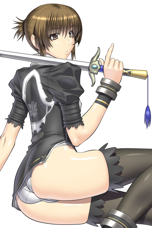 kansuke, chai xianghua, soul calibur, soulcalibur, soulcalibur ii, 1girl, alternate costume, ass, black thighhighs, brown eyes, brown hair, cameltoe, female focus, panties, sitting, solo, sword, thick thighs, thighhighs, thighs, underwear, weapon, white panties
