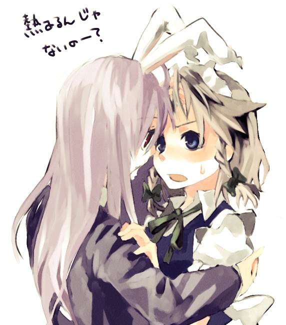 takishima asaka, izayoi sakuya, reisen udongein inaba, touhou, hand on forehead, silver hair, 2girls, animal ears, blue eyes, braid, eye contact, female focus, hug, long hair, looking at another, maid, maid headdress, multiple girls, open mouth, pink hair, rabbit ears, red eyes, short hair, simple background, standing, sweatdrop, twin braids, yuri