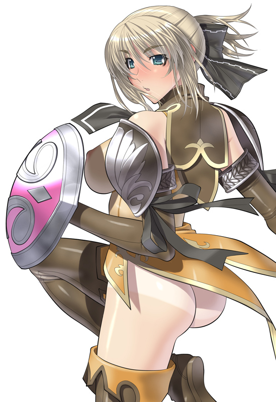 kansuke, cassandra alexandra, soul calibur, soulcalibur, soulcalibur iv, 1girl, alternate color, ass, blonde hair, blush, boots, bow, breasts, elbow gloves, female focus, gloves, green eyes, hair ribbon, large breasts, nipples, no panties, ribbon, shield, sideboob, solo, tan, tanline, thigh boots, thighhighs