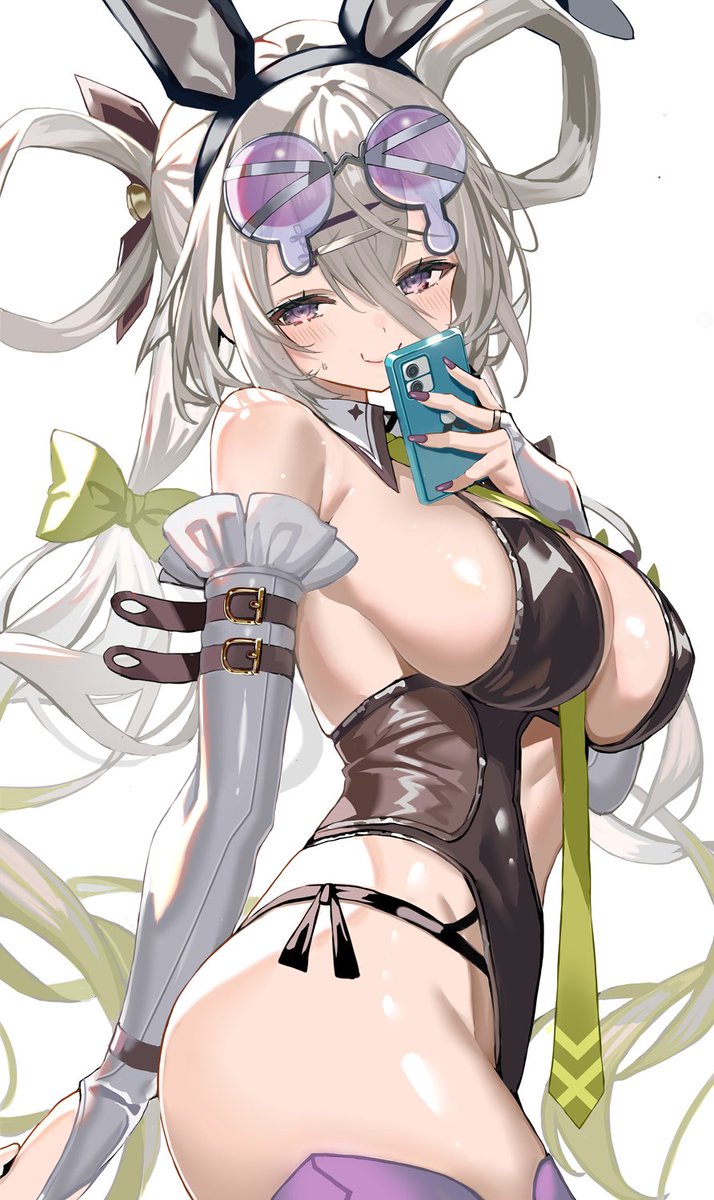 shino (eefy), huyan zhuo (fate), fate/grand order, fate (series), highres, 1girl, animal ears, bare shoulders, black one-piece swimsuit, blush, breasts, cellphone, cleavage, detached collar, detached sleeves, eyewear on head, fake animal ears, grey eyes, grey hair, hair between eyes, hair ornament, hair rings, hairclip, highleg, highleg one-piece swimsuit, huyan zhuo (swimsuit berserker) (fate), large breasts, long hair, looking at viewer, low twintails, necktie, one-piece swimsuit, phone, plunging neckline, sideboob, smile, solo, sunglasses, swimsuit, thighs, twintails, very long hair