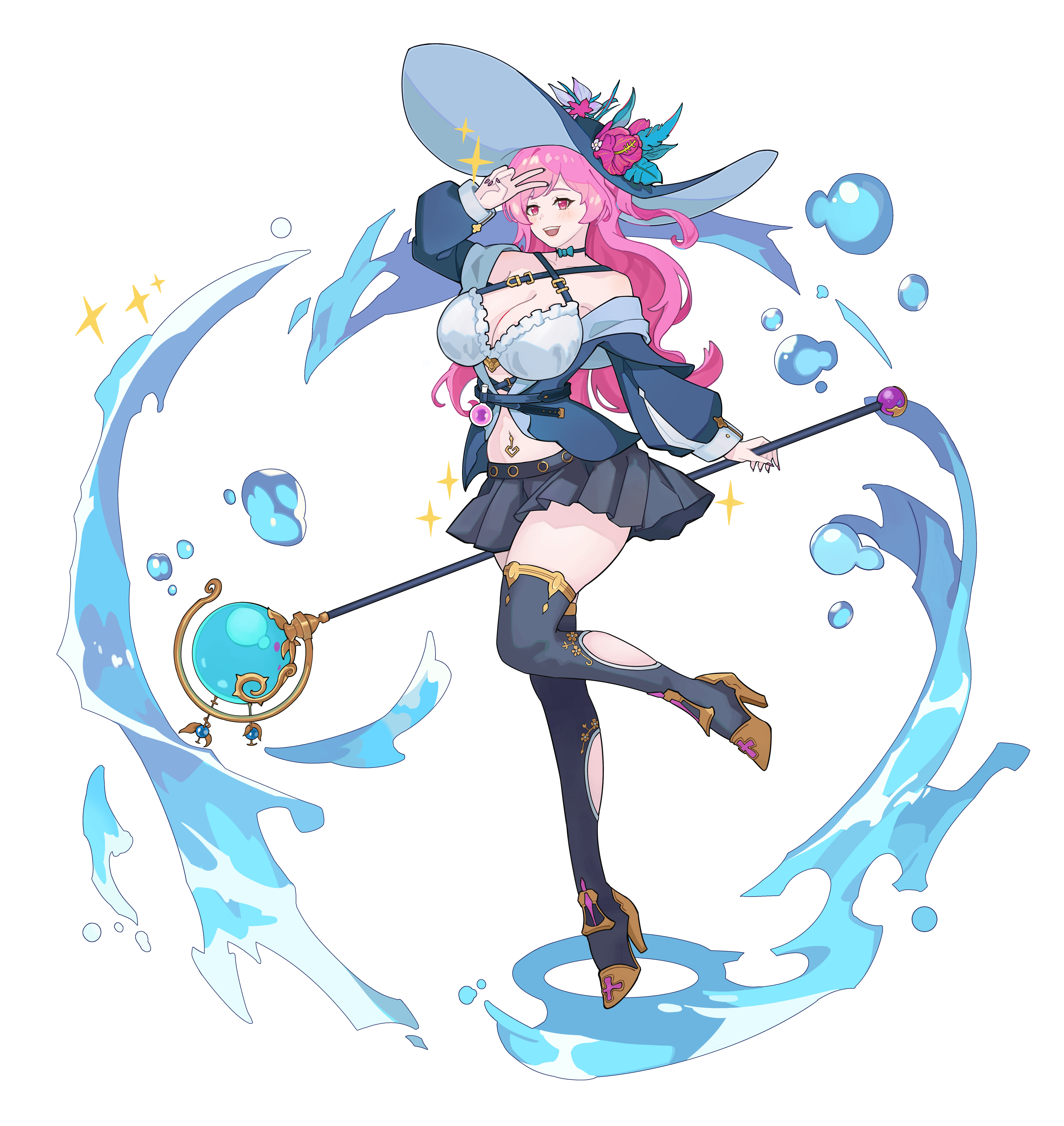 linda man, original, absurdres, highres, 1girl, bare shoulders, bikini, bikini top only, black skirt, blue jacket, blush, breasts, cleavage, flower, full body, hat, hat flower, high heels, holding, holding staff, jacket, large breasts, long hair, long sleeves, looking at viewer, navel piercing, open mouth, piercing, pink hair, red eyes, simple background, skirt, smile, solo, staff, swimsuit, v, white background