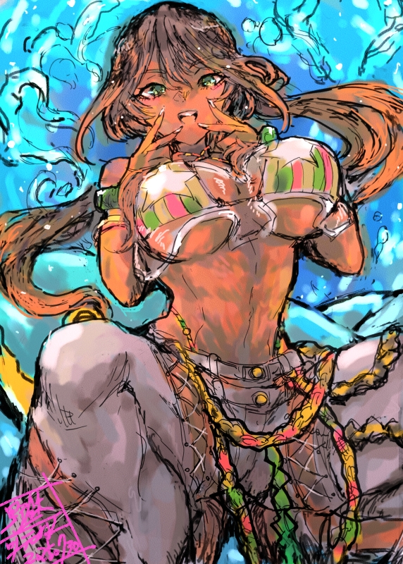 moto murabito, andromeda (fate), andromeda (second ascension) (fate), fate/grand order, fate (series), 1girl, :d, abs, bandeau, bangle, bare shoulders, belt, bikini, bikini under clothes, bracelet, breasts, brown hair, chain belt, clothing cutout, criss-cross halter, cross-laced clothes, cross-laced cutout, dark-skinned female, dark skin, denim, double inward v, green eyes, grey pants, halterneck, highleg, highleg bikini, hydrokinesis, inward v, jeans, jewelry, large breasts, leg cutout, linea alba, long hair, looking at viewer, low ponytail, multicolored bikini, ocean, open mouth, pants, panty straps, ponytail, rainbow bikini, see-through clothes, sidelocks, smile, solo, spread legs, squatting, striped bikini, striped clothes, swimsuit, thigh cutout, toned, toned female, v, vertical-striped bikini, vertical-striped clothes, water