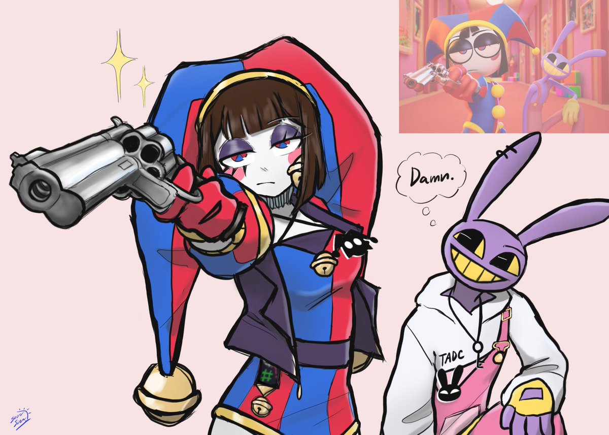 jax (the amazing digital circus), pomni (the amazing digital circus), the amazing digital circus, animal ears, bell, black eyes, blue dress, breasts, dress, english text, fingerless gloves, gloves, hat, holding, holding weapon, hood, hoodie, jester, jester cap, jingle bell, large breasts, long sleeves, looking at viewer, pink dress, rabbit boy, rabbit ears, screenshot inset, smile, sparkle, speech bubble, thought bubble, weapon, white hoodie, yellow gloves