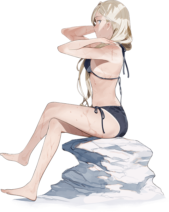 akira (kadokawa), richelieu (kancolle), richelieu deux (kancolle), kantai collection, official art, second-party source, 1girl, bikini, black bikini, blonde hair, blue eyes, breasts, long hair, looking at viewer, richelieu deux (swimsuit) (kancolle), sitting, swimsuit, transparent background, wet, wet hair