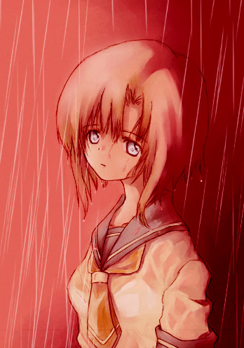 ryuuguu rena, higurashi no naku koro ni, lowres, 00s, 1girl, female focus, rain, school uniform, serafuku, solo